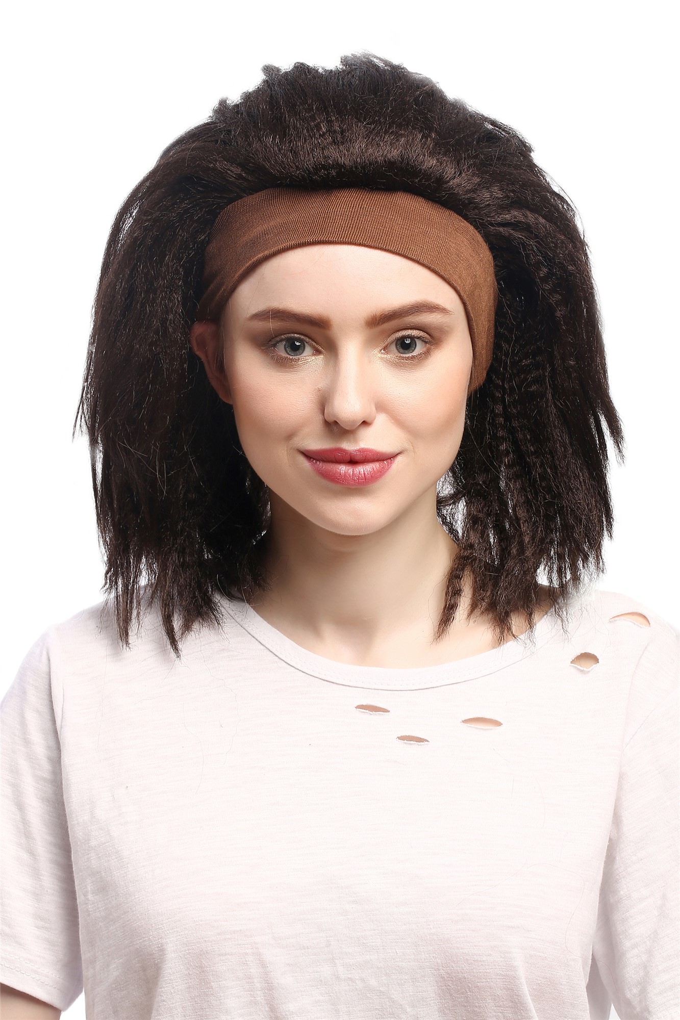 günstige Party Perücke, Perücke Latina Stirnband Schwarz Braun Gekreppt 91178-ZA2, Vorderansicht, WIG ME UP: Ihr Perücken Online Shop wellige Party Perücke Braun schulterlange Haare Unisex