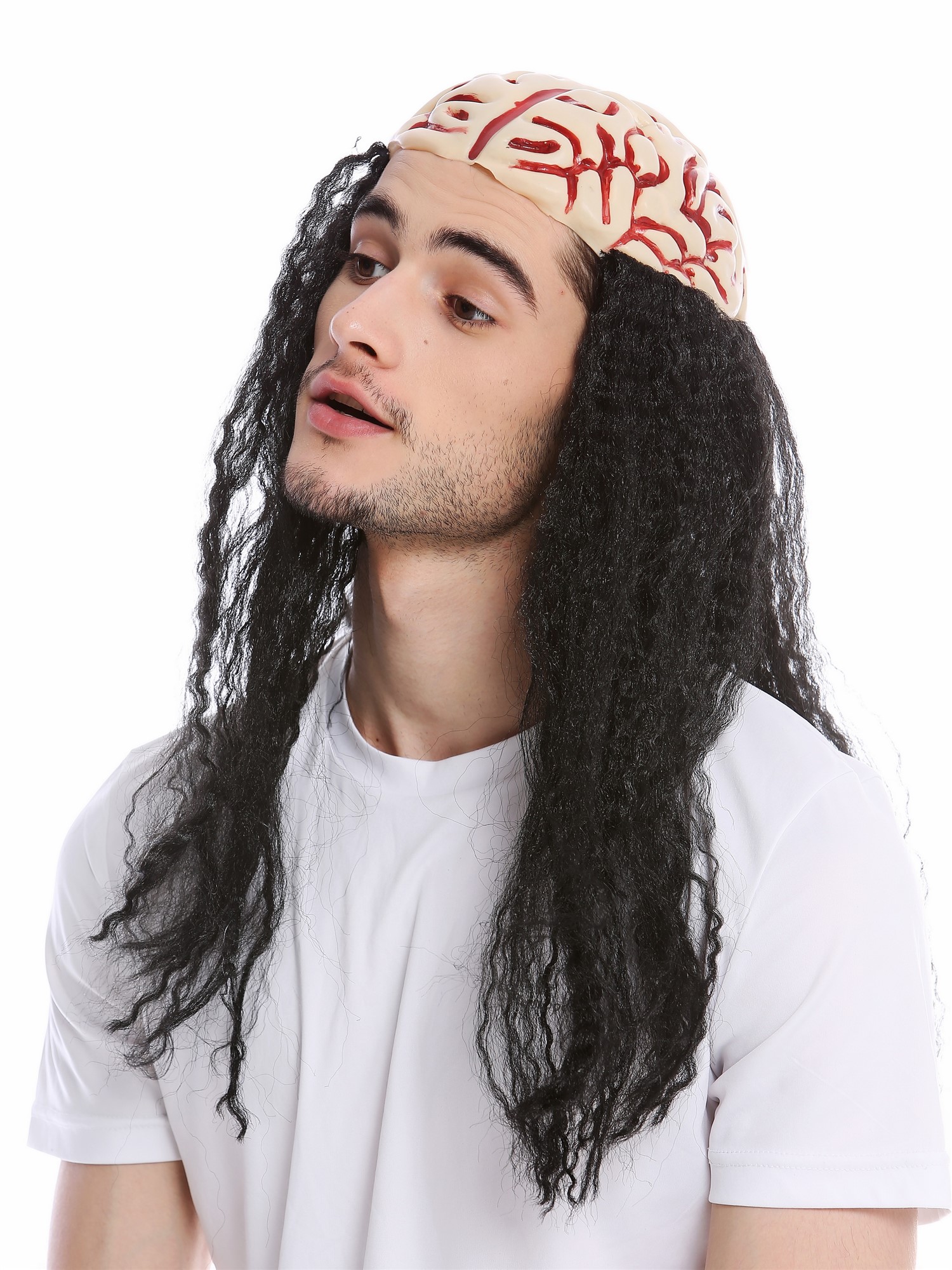 Wig long black Men Women Halloween Horror open Brain Surgery Zombie Undead 91579, view 3, WIG ME UP: Your Perücken Online Shop Party Wig, Unisex, Black, curled, long