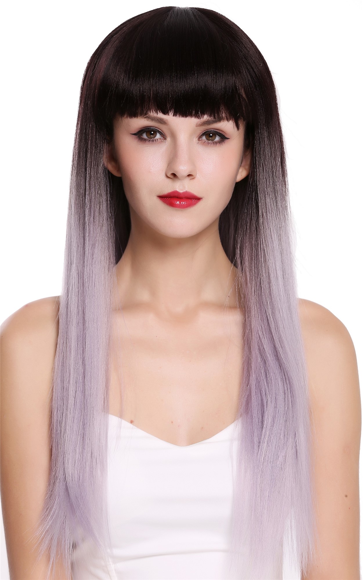 hochwertige Qualitätsperücken, Perücke Lang Glatt Pony Ombre Braun Lila Grau RGF-6190-T4/GRAY, Vorderansicht, WIG ME UP: Ihr Perücken Online Shop glatte Tressen-Perücke mit Kopfhaut-Imitat Dunkelbraun Lila Grau Mix lange Haare für Damen