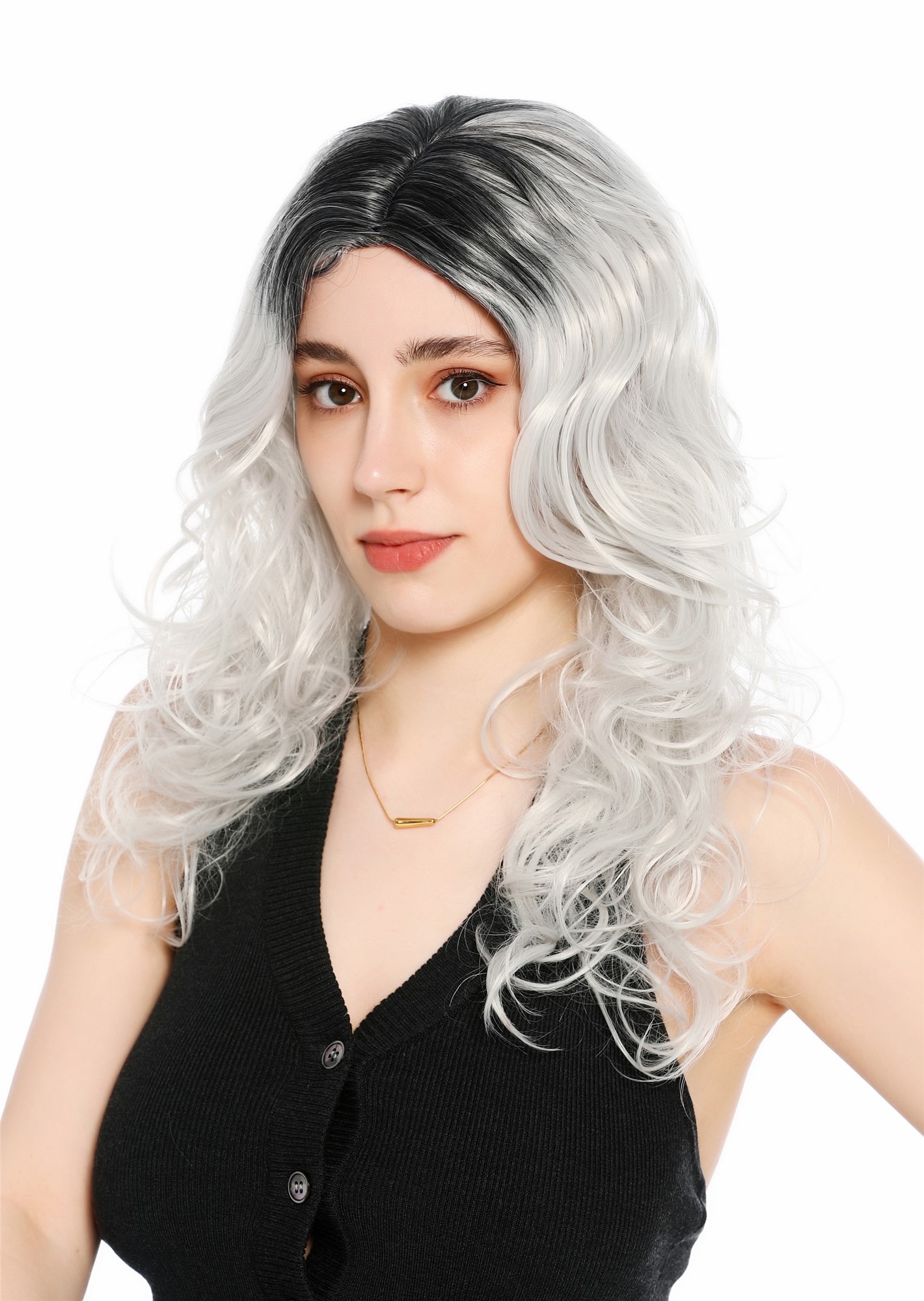 Perücke Damen lang voluminös wild gewellt wellig Mittelscheitel Ombre Schwarz Hellgrau GFW1832-silvergray+1B