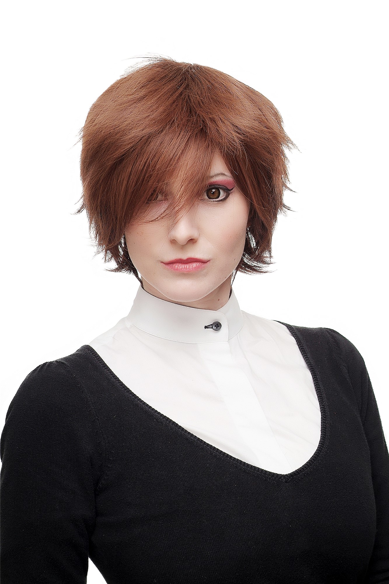 hochwertige Qualitätsperücken, Perücke Cosplay Kurz Braun Rotbraun SA075-2T33H30/33, Vorderansicht, WIG ME UP: Ihr Perücken Online Shop wellige Tressen-Perücke Braun-Mix kurze Haare für Damen