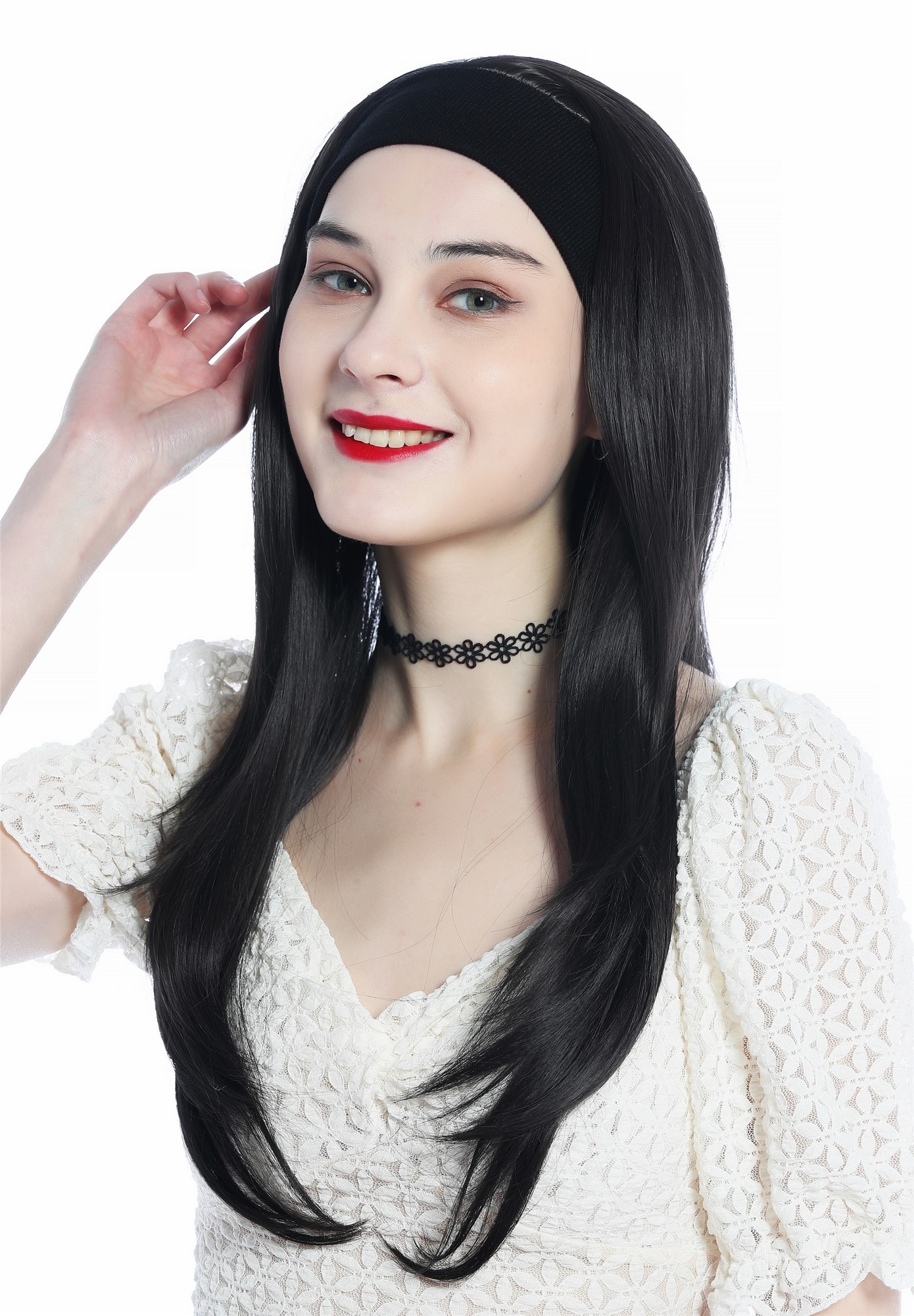 hochwertige Qualitätsperücken, Perücke Halbperücke Stirnband lang glatt Braun Dunkelbraun H9306-4, Vorderansicht, WIG ME UP: Ihr Perücken Online Shop glatte Tressen-Perücke mit Stirnband Dunkelbraun lange Haare für Damen