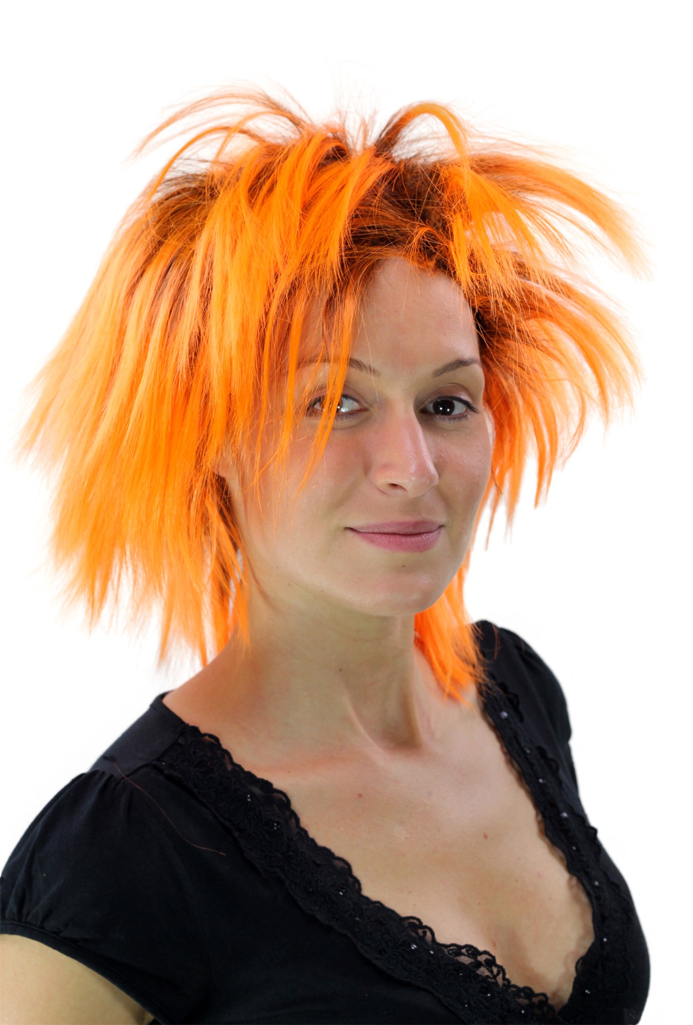 Party/Fancy Dress Lady WIG wild retro 80ies BLACK & ORANGE mixed spiny strands streaked Drag Queen, front view, WIG ME UP: Your Perücken Online Shop Party Wig, Ladies, Orange, wavy, short