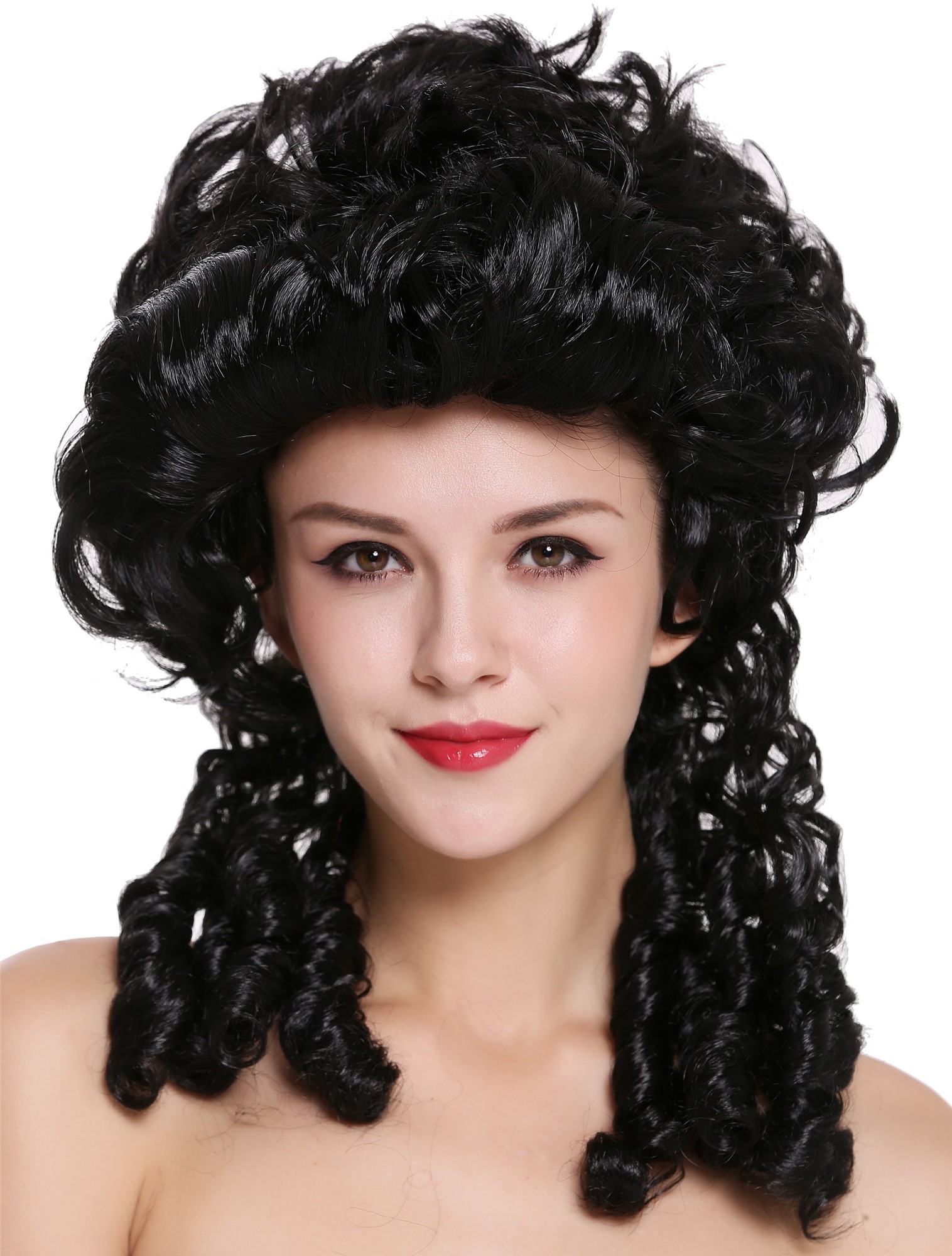 günstige Party Perücke, Perücke Barock Spirallocken Toupiert Schwarz DH1009-ZA103, Vorderansicht, WIG ME UP: Ihr Perücken Online Shop lockige Party Perücke Schwarz schulterlange Haare für Damen