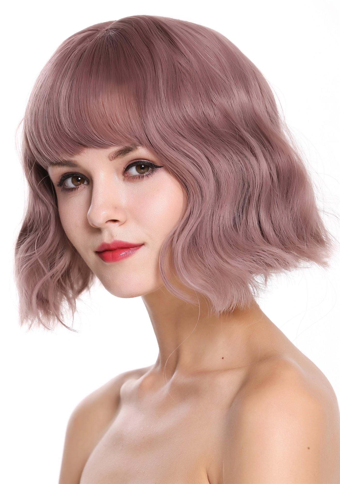 Lady wig short bangs fringe long-bob voluminous wild wavy waved pale pink DL-052, view 3, WIG ME UP: Your Perücken Online Shop Quality Wigs, Ladies, dark pastel pink, wavy, short