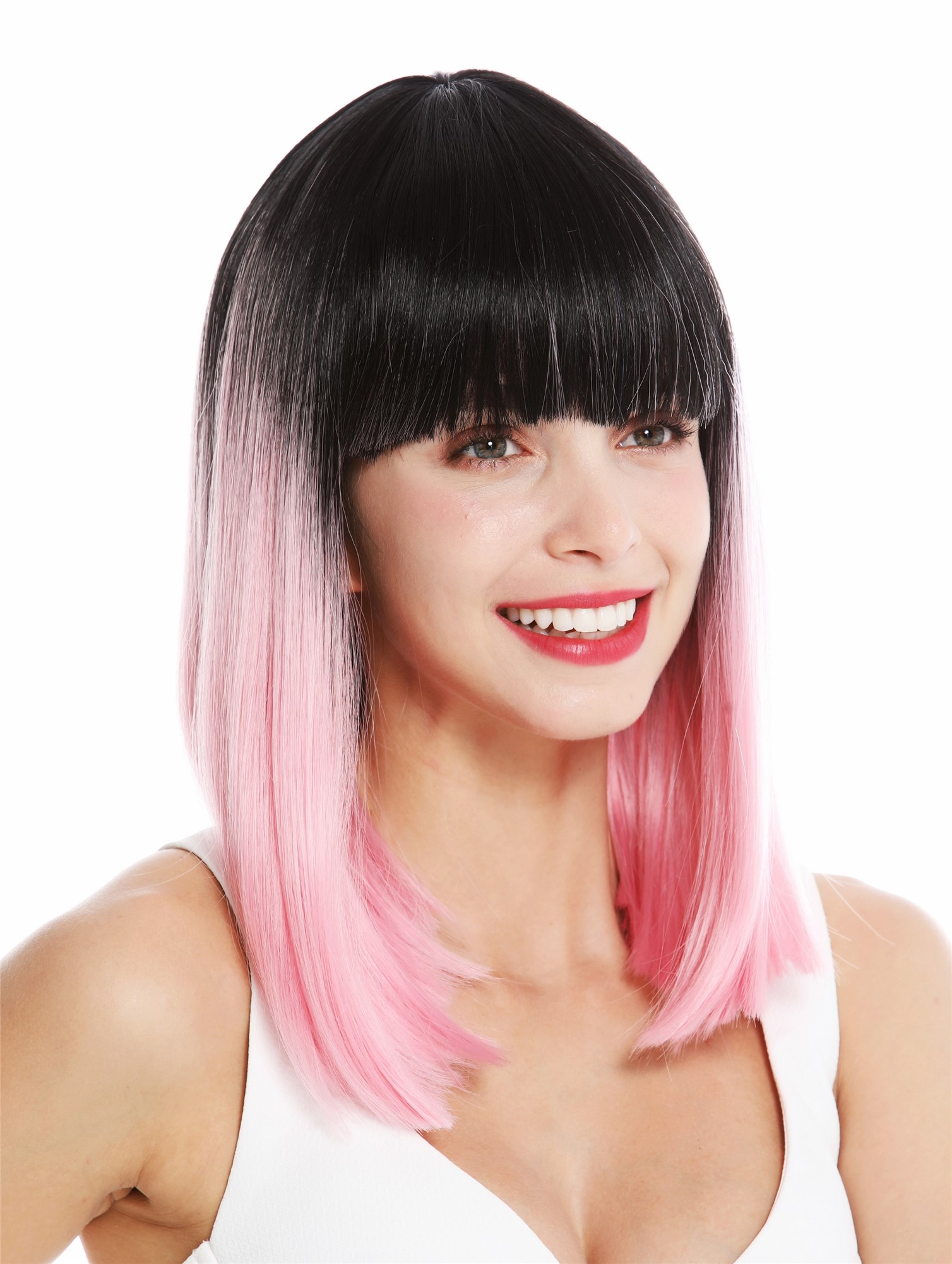 hochwertige Qualitätsperücken, Perücke schulterlang glatt Pony Ombre Schwarz Rosa VK-2-T2311YS1B, Ansicht 3, WIG ME UP: Ihr Perücken Online Shop glatte Tressen-Perücke mit Kopfhaut-Imitat Rosa-Schwarz-Mix schulterlange Haare für Damen