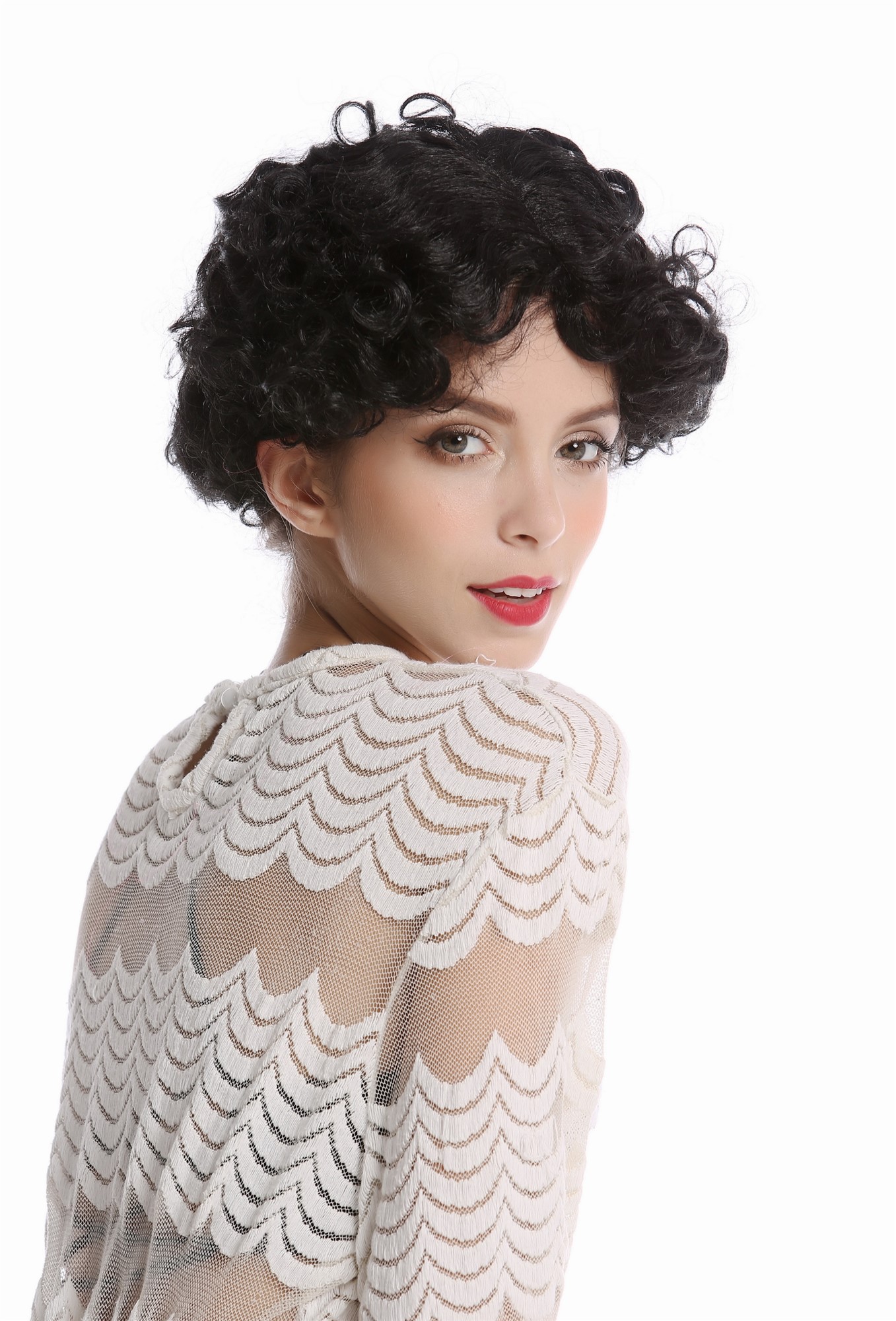 90982-ZA103 Wig Ladies Women Halloween Carnival Cosplay short curly curls black, front view, WIG ME UP: Your Perücken Online Shop Party Wig, Unisex, Black, curled, short