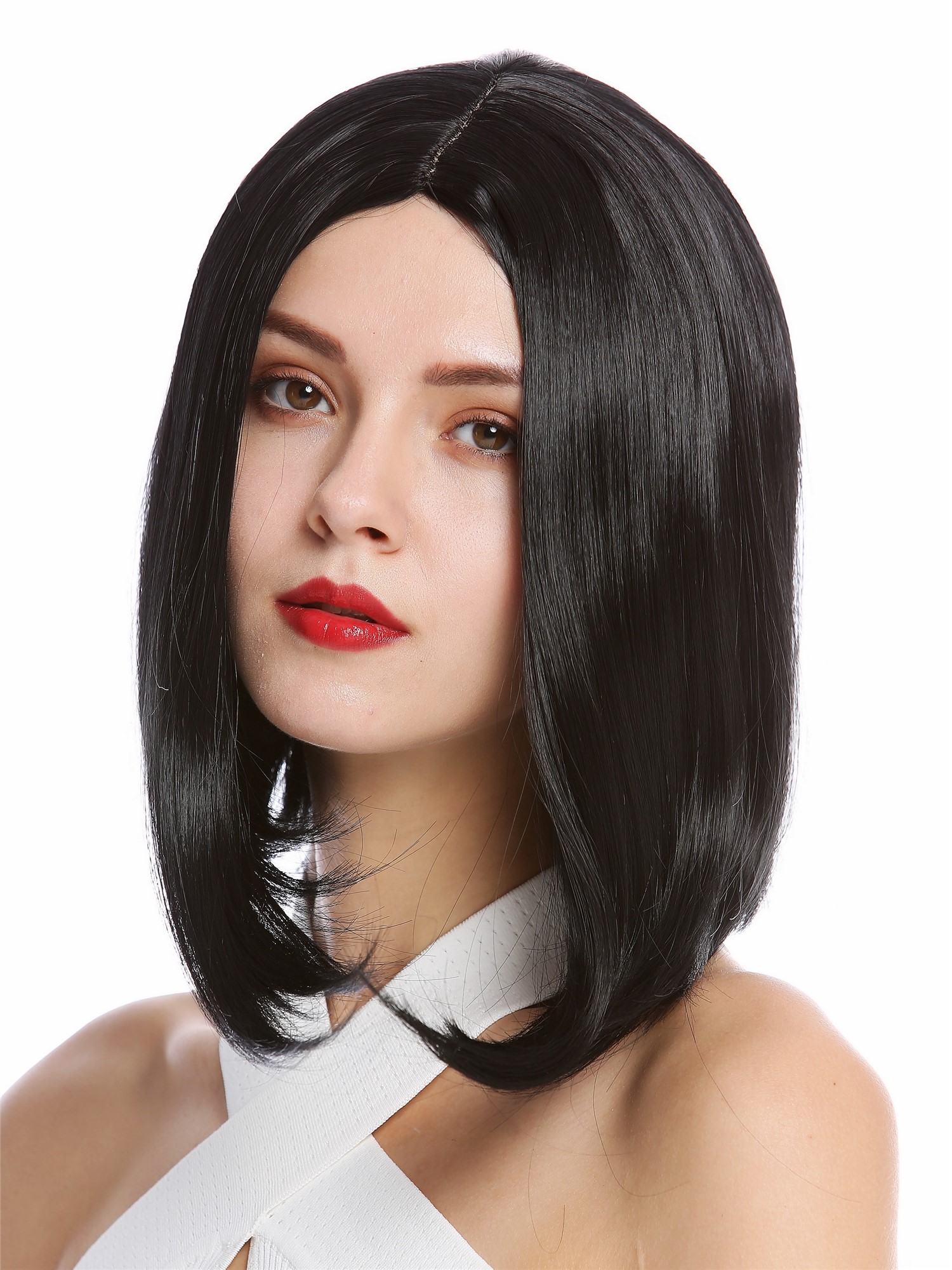 hochwertige Qualitätsperücken, Perücke Longbob Mittelscheitel Schwarz YZF-4356-1, Ansicht 3, WIG ME UP: Ihr Perücken Online Shop glatte Tressen-Perücke Schwarz kurze Haare für Damen