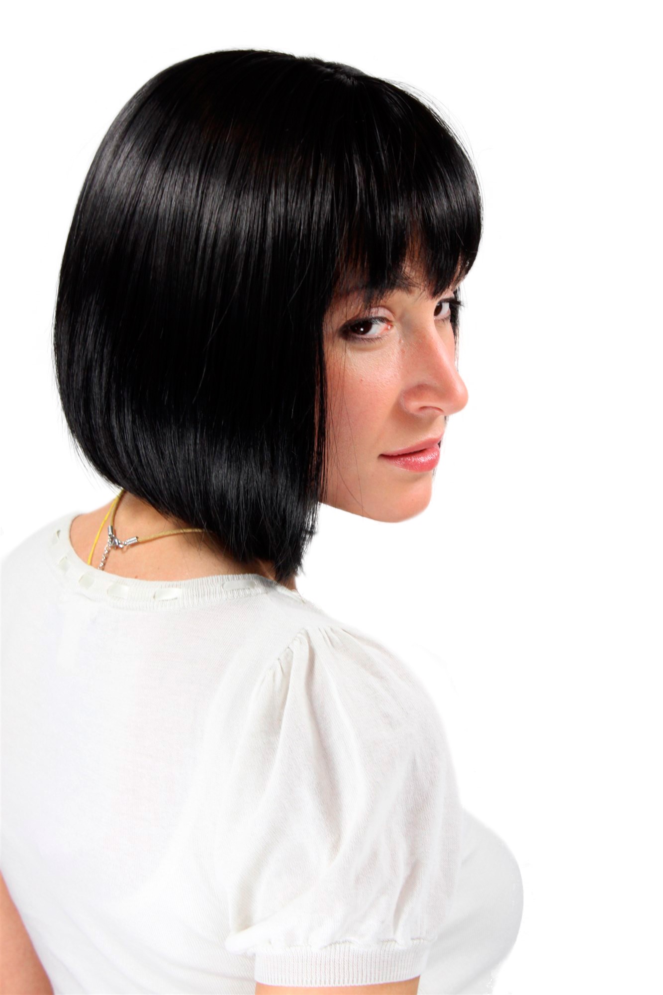 hochwertige Qualitätsperücken, Damen Perücke Bob kurze glatte Haare mit Ponyfrisur schwarz 2212-1B, Vorderansicht, WIG ME UP: Ihr Perücken Online Shop glatte Tressen-Perücke mit Kopfhaut-Imitat Samtschwarz kurze Haare für Damen