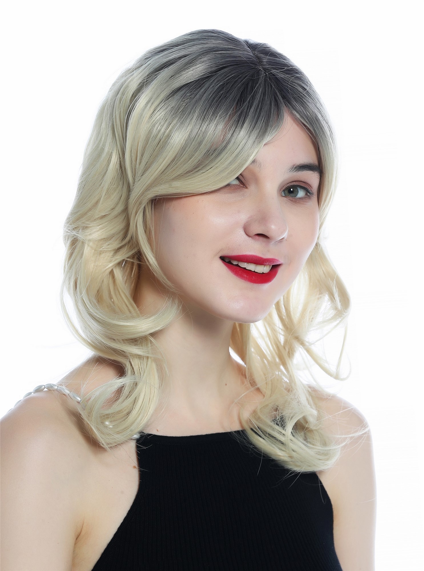 Lady wig shoulder length wavy slight curls bright blond dark roots ombre SZL0667, view 3, WIG ME UP: Your Perücken Online Shop Quality Wigs, Ladies, gray-blue-platinum blonde gradient, wavy, shoulder-length