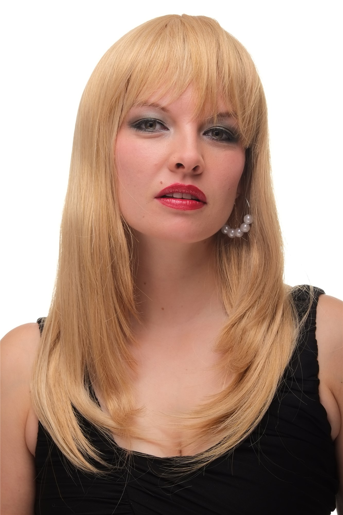 hochwertige Qualitätsperücken, Blonde Perücke mit schickem Pony und glatten Haaren 6310-611B, Vorderansicht, WIG ME UP: Ihr Perücken Online Shop glatte Tressen-Perücke mit Kopfhaut-Imitat Blond lange Haare für Damen