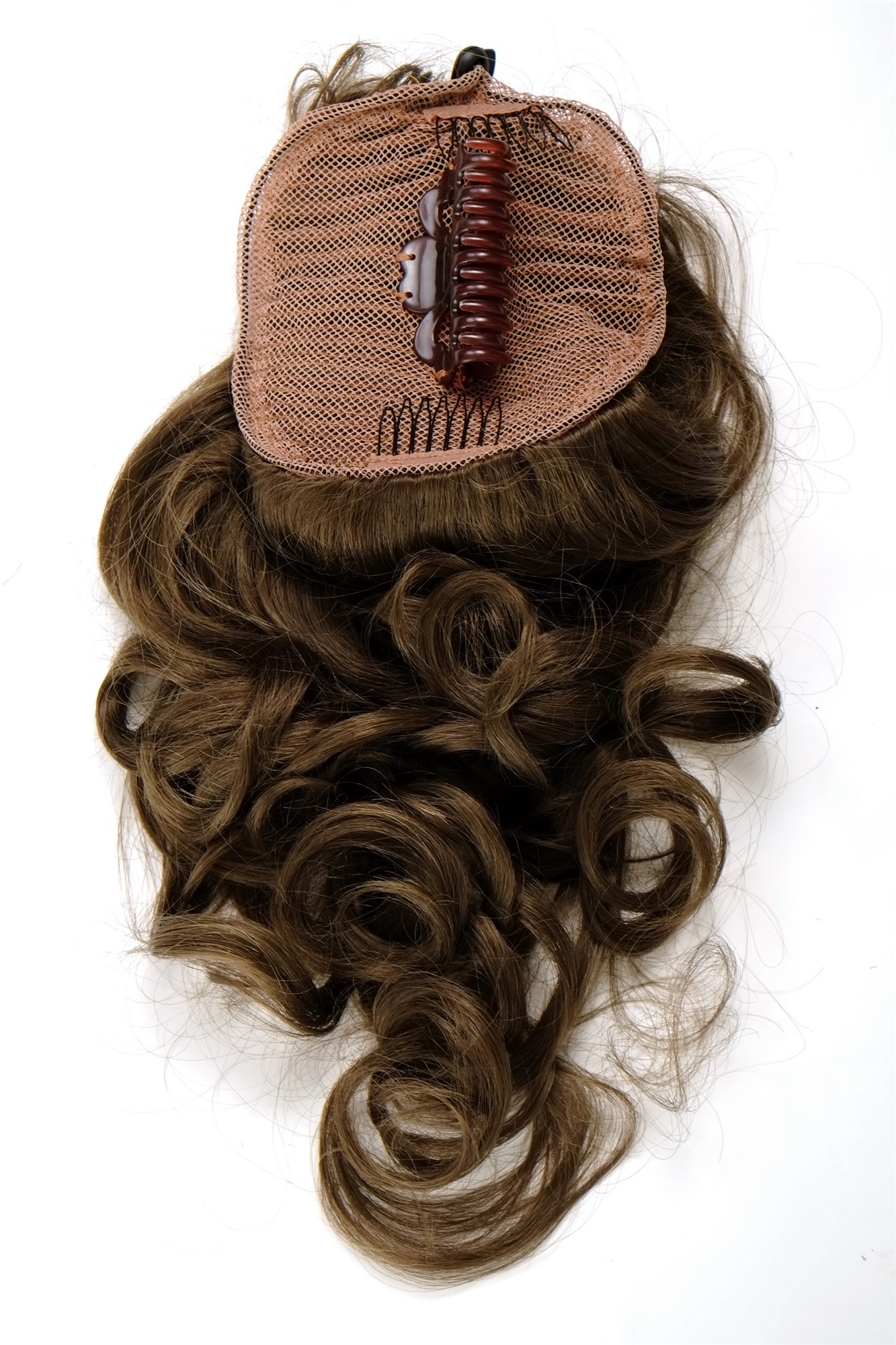 hochwertiges Haarteil Butterfly-Clip + Steckkämme + Gummizug lockig Goldbraun WK08-10, Ansicht 2, WIG ME UP: Ihr Perücken Online Shop lockiges Zopf-Haarteil Mittel-Goldbraun 60 cm lang