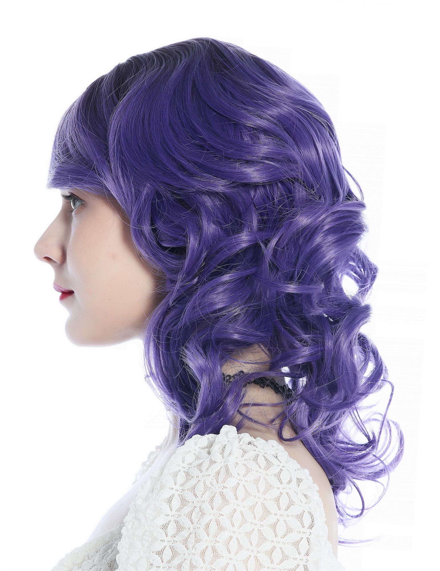 hochwertige Qualitätsperücken, Perücke schulterlang Locken Ombre Dunkelbraun Lila SZL0672-T-009, Ansicht 4, WIG ME UP: Ihr Perücken Online Shop lockige Tressen-Perücke mit Kopfhaut-Imitat Dunkelbraun-Lila-Verlauf schulterlange Haare für Damen