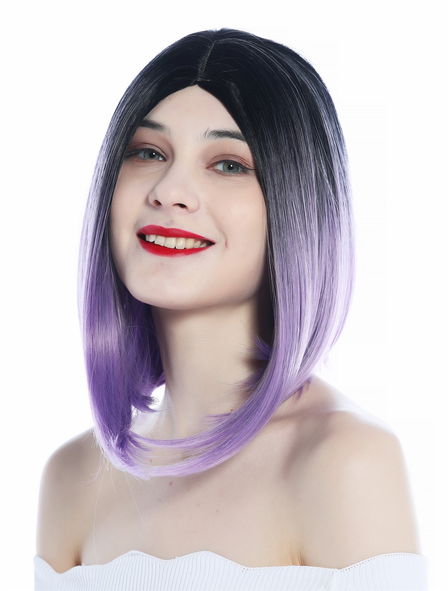 hochwertige Qualitätsperücken, Perücke kurz Longbob Clavi-Cut Ombre Schwarz Lila Mittelscheitel SZL0700-1B/3834, Ansicht 2, WIG ME UP: Ihr Perücken Online Shop glatte Tressen-Perücke mit Kopfhaut-Imitat Schwarz-Lila-Verlauf schulterlange Haare für Damen