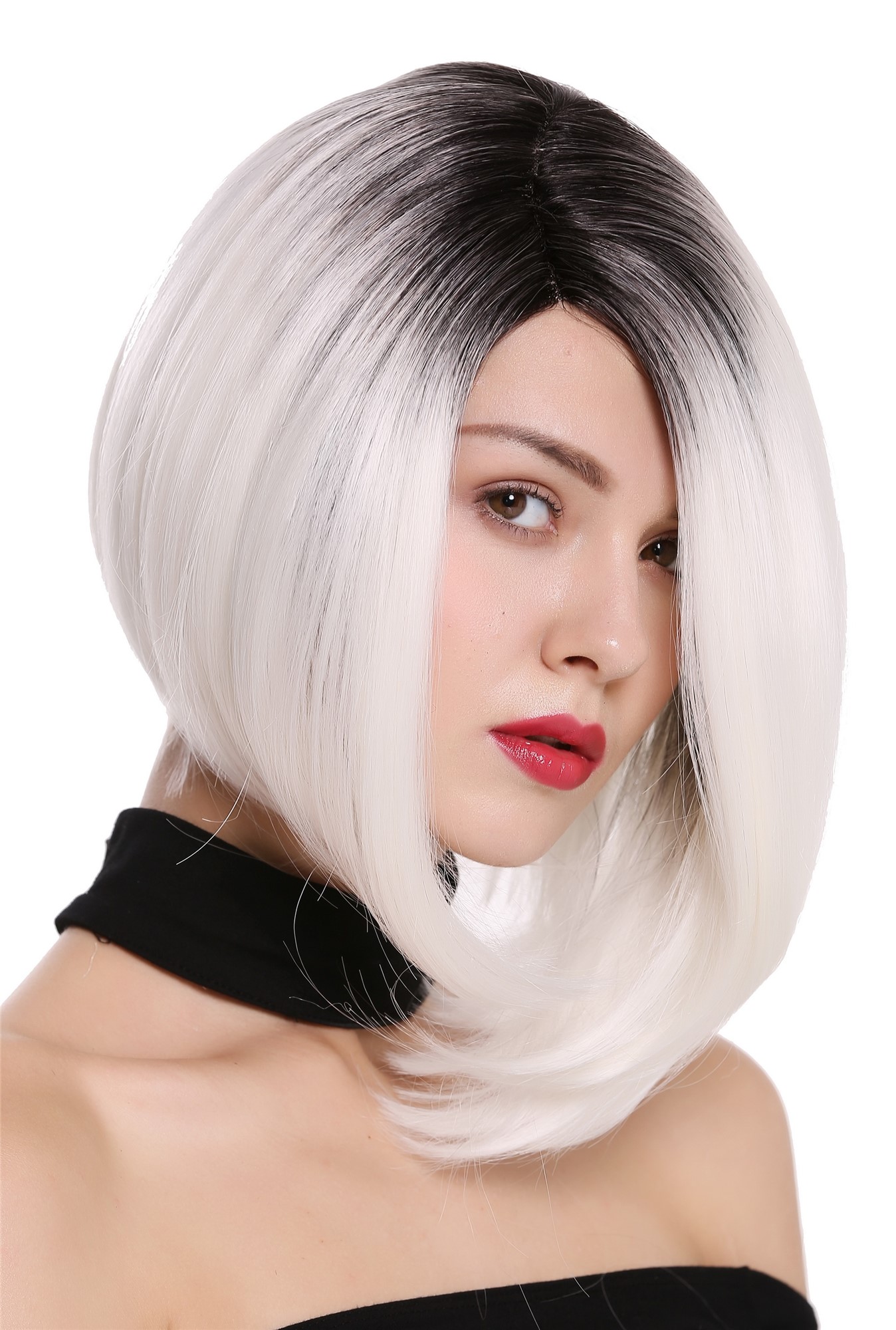 Quality Wigs, Ladies, deep black and flower white mix, straight, shoulder-length