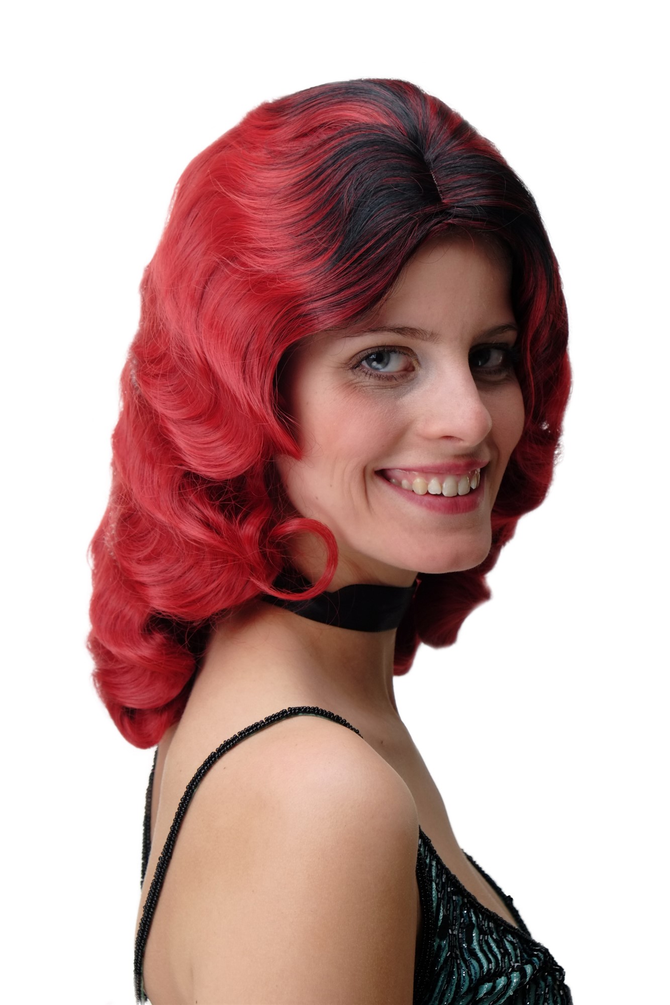 hochwertige Qualitätsperücken, Perücke Diva Wasserwelle Ombre Schwarz Rot GFW1860-RED-M130M+1, Vorderansicht, WIG ME UP: Ihr Perücken Online Shop wellige Tressen-Perücke mit Kopfhaut-Imitat Feuerrot-Rubinrot-Tiefschwarz-Mix schulterlange Haare für Damen