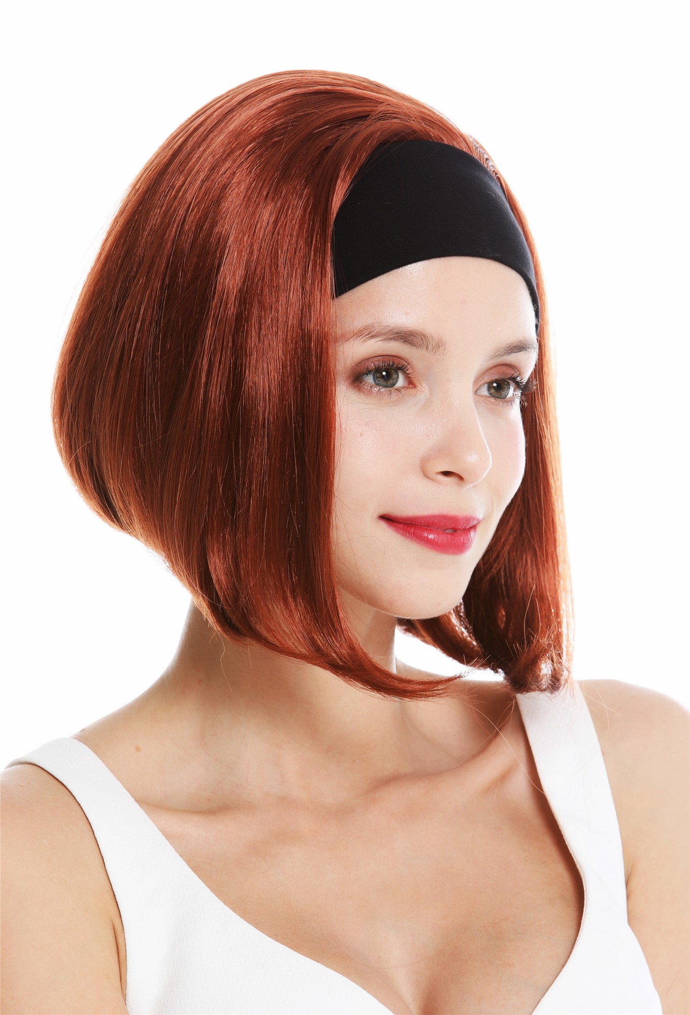 hochwertige Qualitätsperücken, Perücke Kurz Stirnband Retro Kupfer Rot GFW948-H-130, Vorderansicht, WIG ME UP: Ihr Perücken Online Shop glatte Tressen-Perücke mit Gummizug und Stirnband Kupferrot kurze Haare für Damen