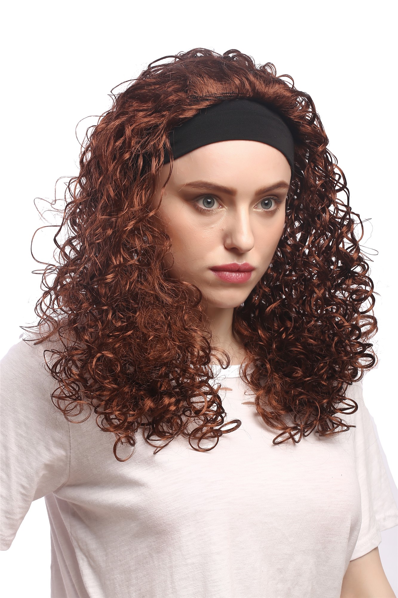 90836-ZA33B Lady Party Wig Halloween Curls Headband Volume Brown Caribbean 80s Style, front view, WIG ME UP: Your Perücken Online Shop Party Wig, Ladies, Brown, curled, long