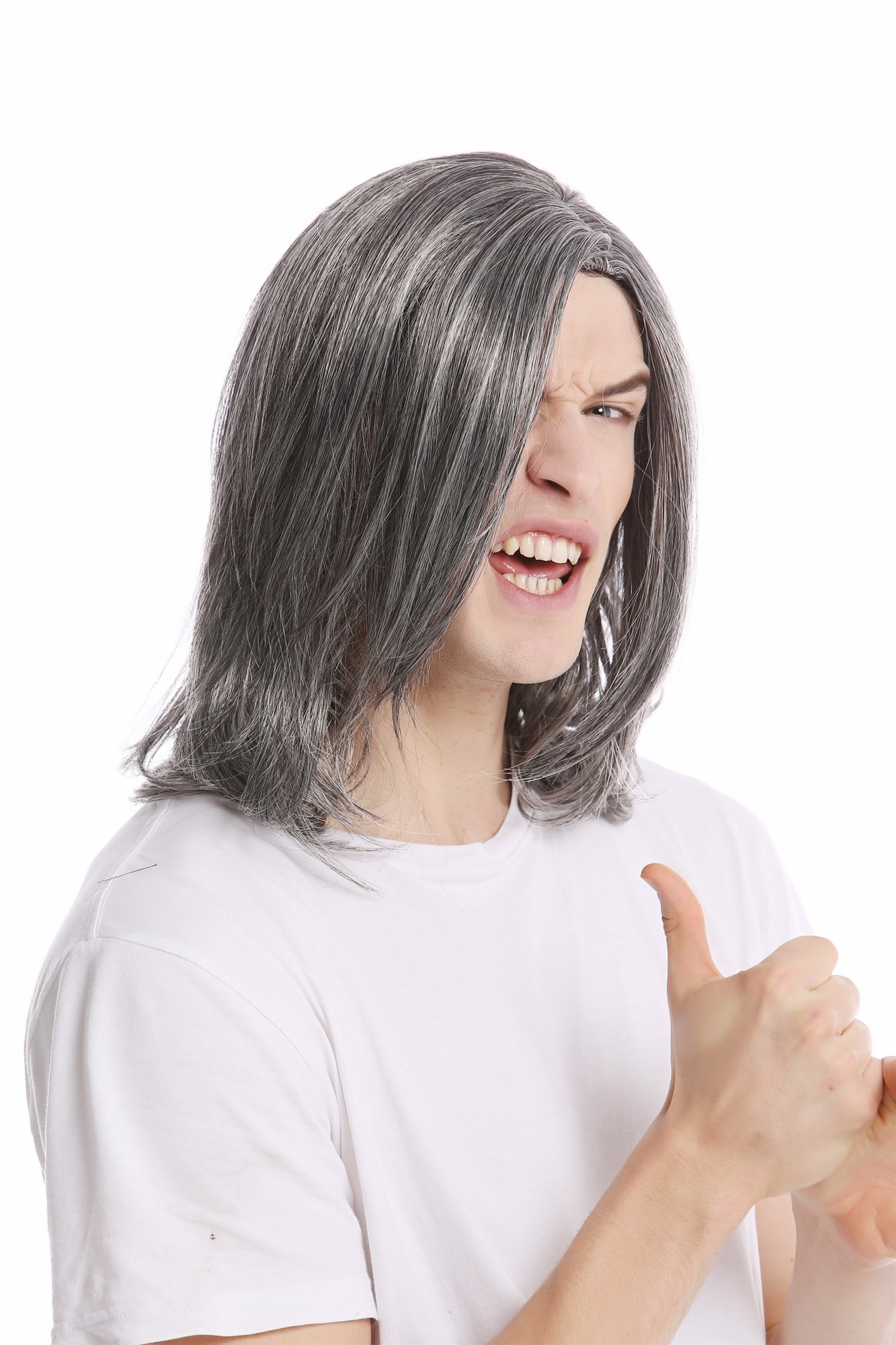 Men Gents Wig long straight middle parting aged rock star youthful modern look dark gray grey, view 4, WIG ME UP: Your Perücken Online Shop Quality Wigs, Men, dark brown-gray mix, straight, shoulder-length