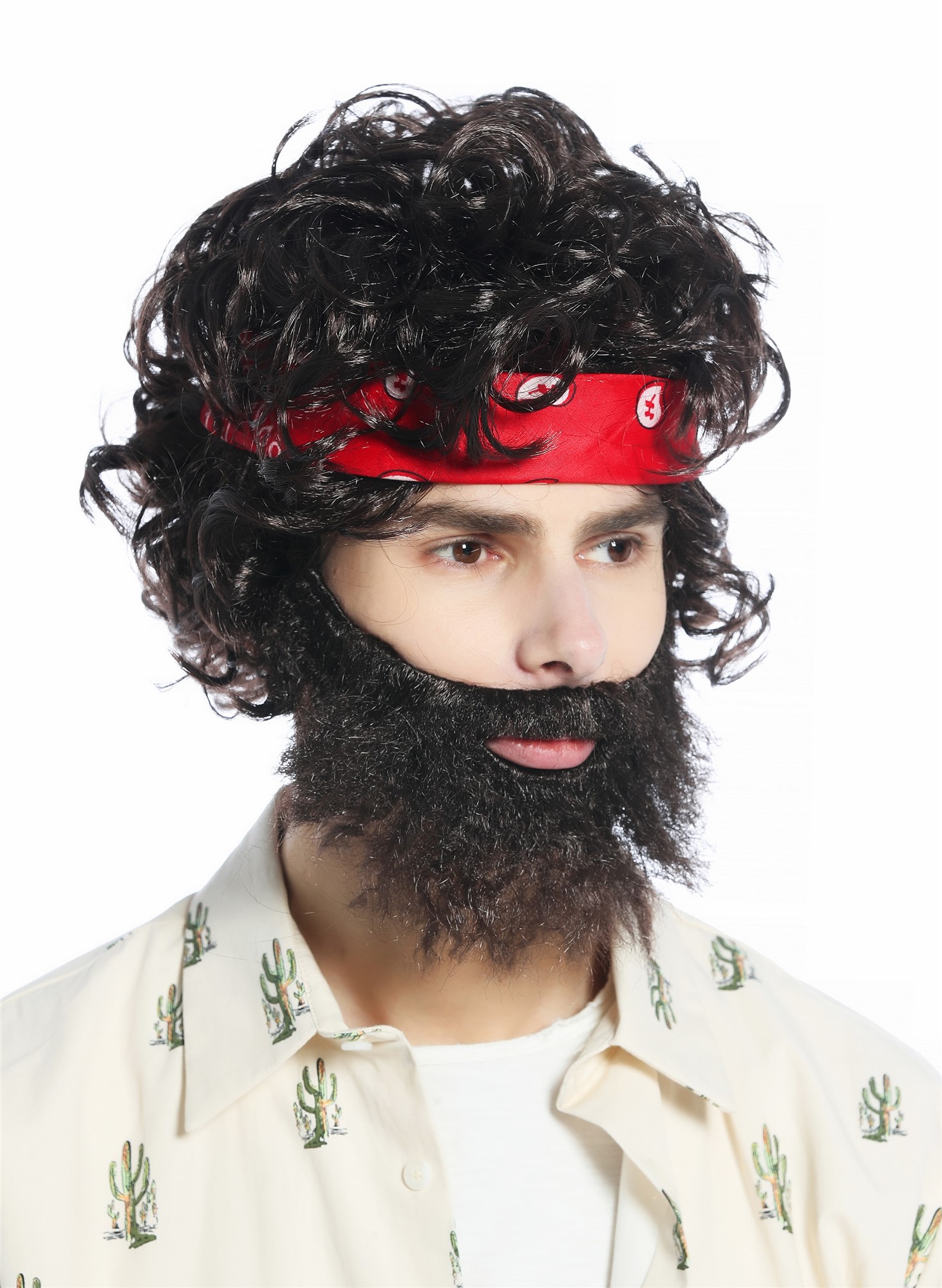 günstige Party Perücke, Perücke Stirnband Bart braun lockig Hippie 70er 80er Retro CW-036-P2, Ansicht 3, WIG ME UP: Ihr Perücken Online Shop lockige Party Perücke Dunkelbraun kurze Haare für Herren
