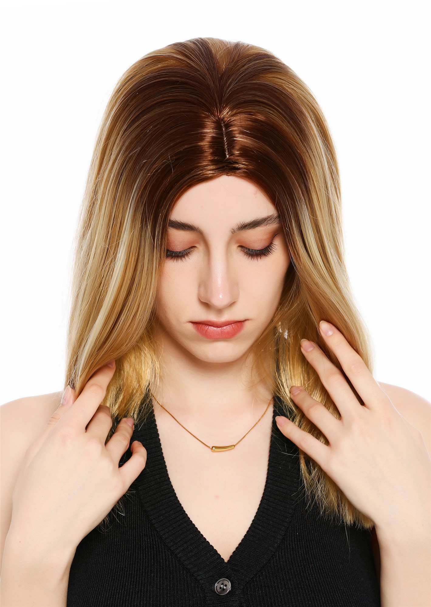 Perücke Damen schulterlang Longbob glatt Mittelscheitelt Ombre Balayage Highlights Braun Blond GFW4029S-124H613+33