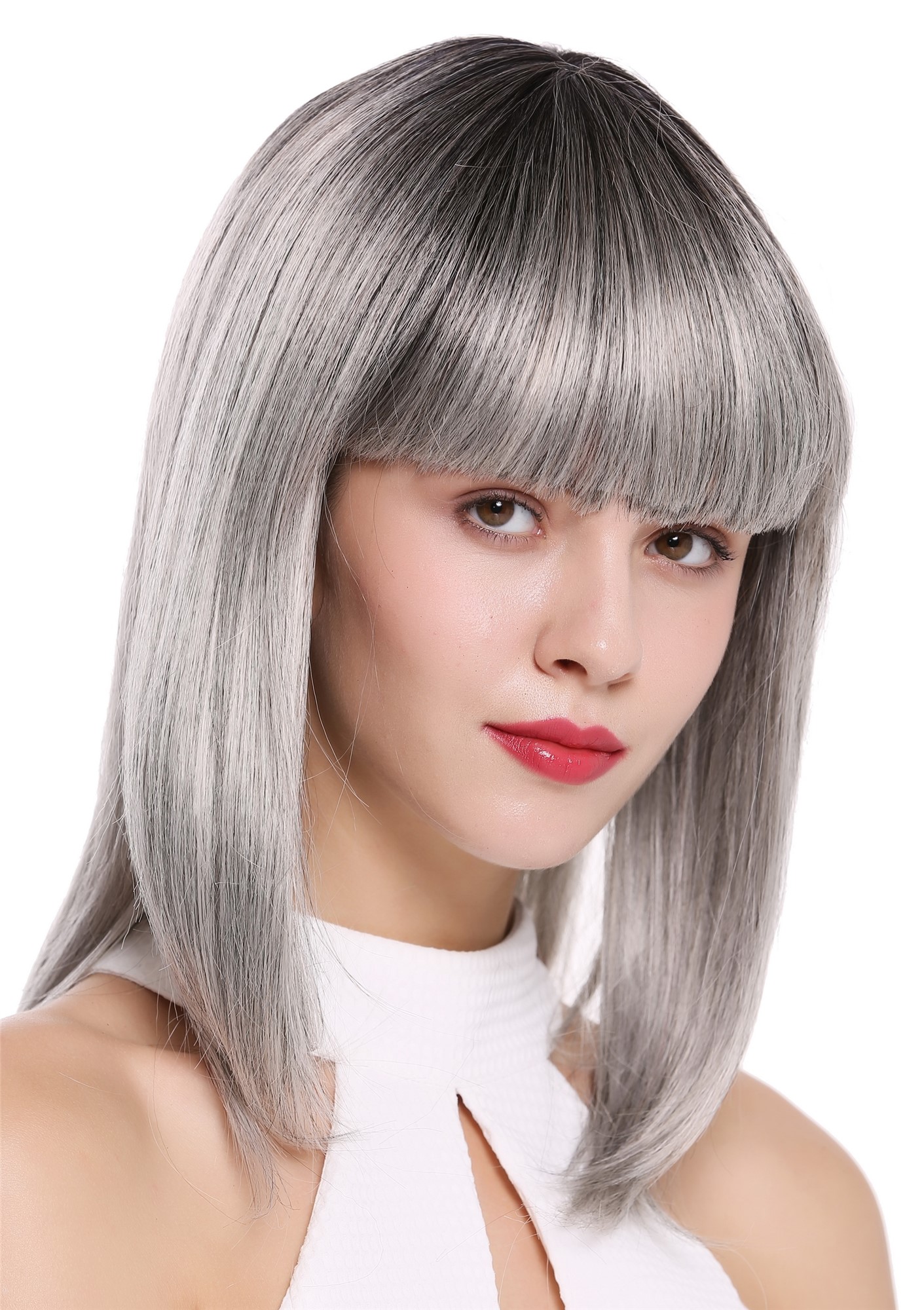 hochwertige Qualitätsperücken, Perücke kurz Longbob Pony Ombre Schwarz Grau DY46A-YS1+51, Ansicht 2, WIG ME UP: Ihr Perücken Online Shop glatte Tressen-Perücke mit Kopfhaut-Imitat Grau-Schwarz schulterlange Haare für Damen