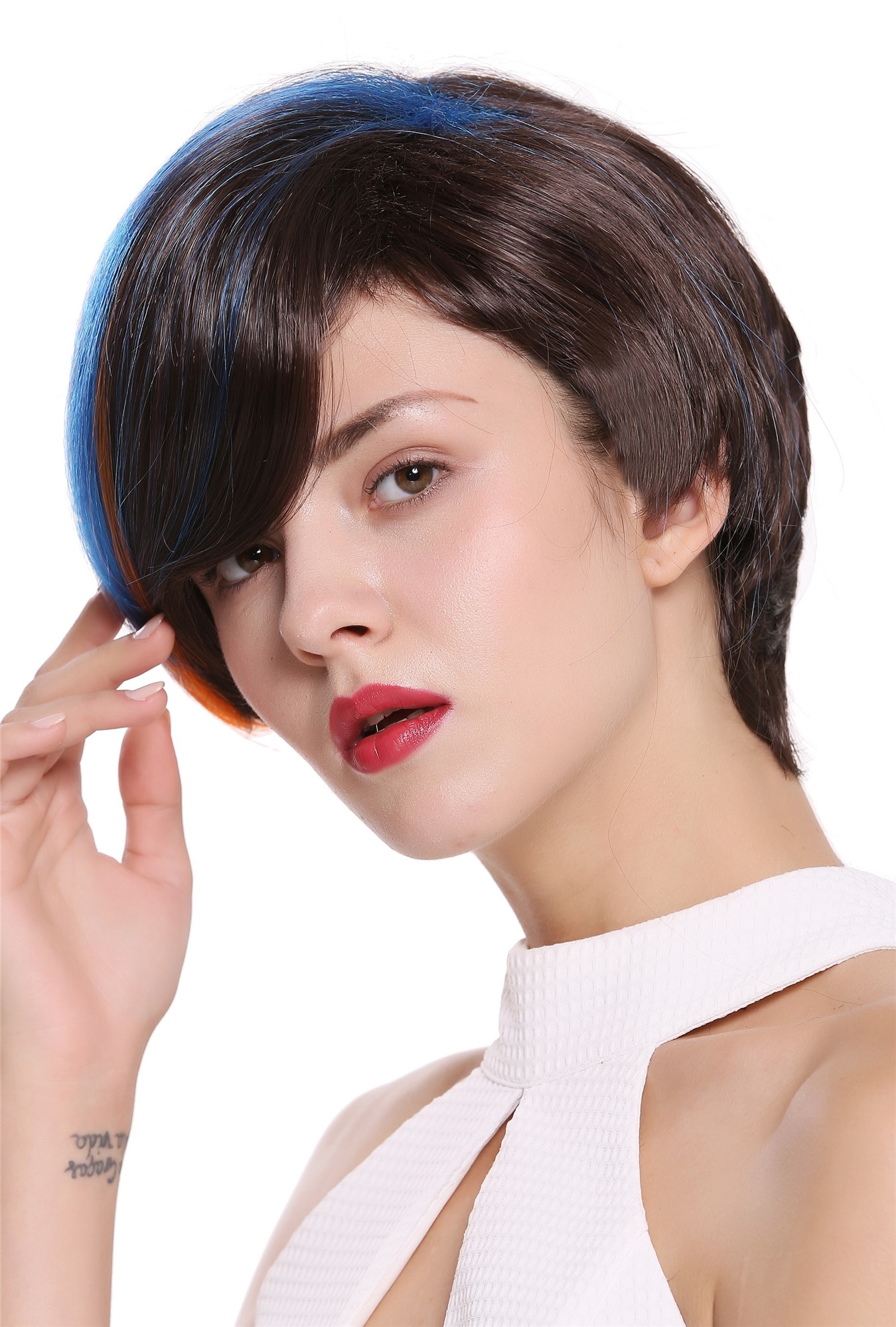 hochwertige Qualitätsperücken, Perücke Kurz Bunt Scheitel SA100-6-B061-K18, Ansicht 3, WIG ME UP: Ihr Perücken Online Shop glatte Tressen-Perücke Braun-Orange-Blau-Mix kurze Haare für Damen