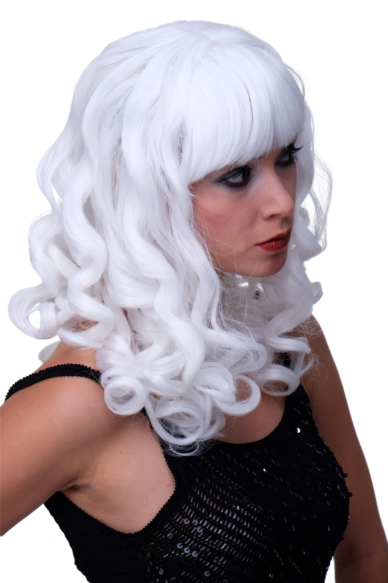 Party/Fancy Dress Lady WIG long snow WHITE fringe slightly curly FRINGE Hollywood Diva Femme Fatale, front view, WIG ME UP: Your Perücken Online Shop Party Wig, Ladies, snow white, curled, long