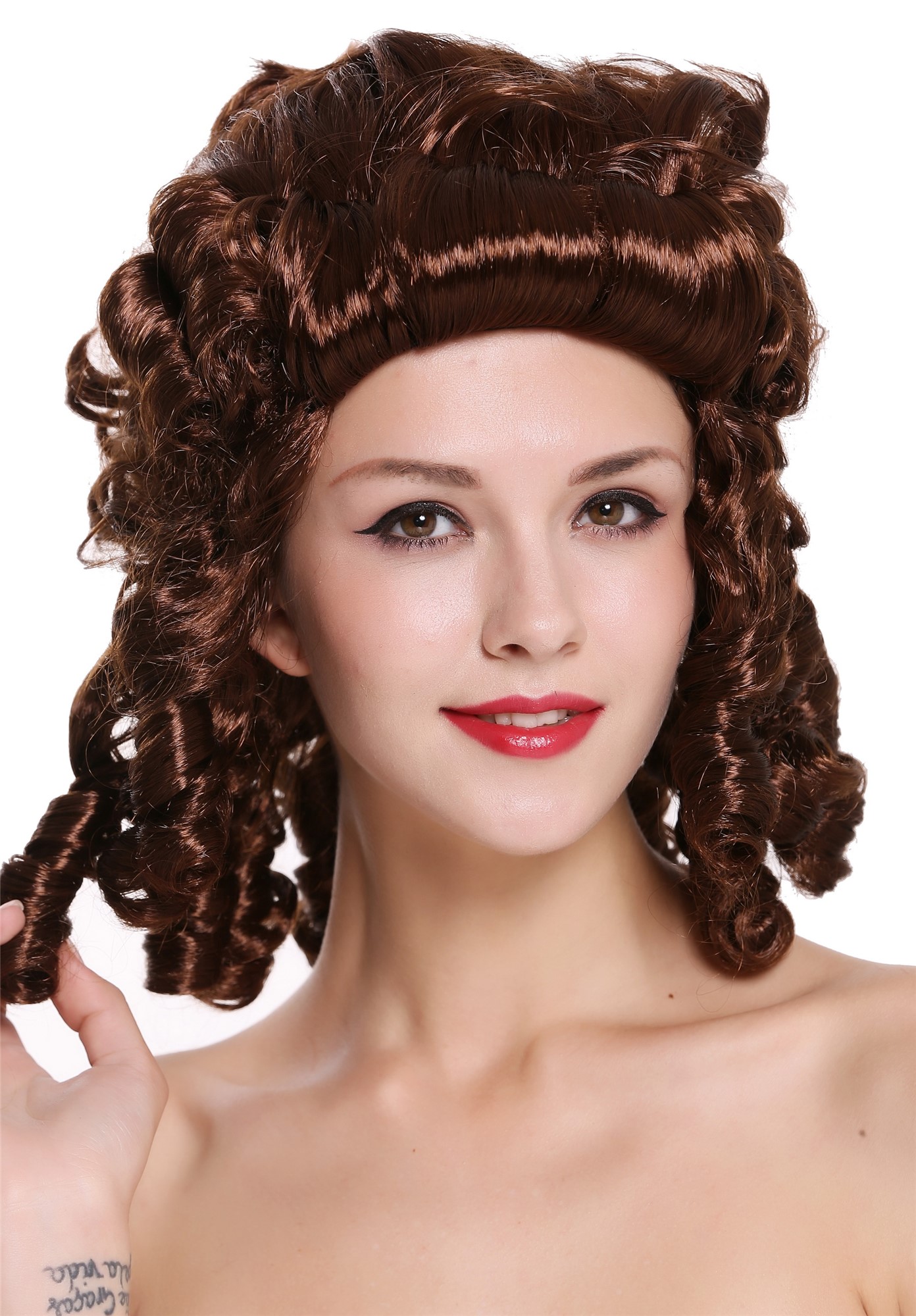 günstige Party Perücke, Perücke Barock Südstaaten Braun Locken 91022-ZA33, Vorderansicht, WIG ME UP: Ihr Perücken Online Shop lockige Party Perücke Braun schulterlange Haare für Damen