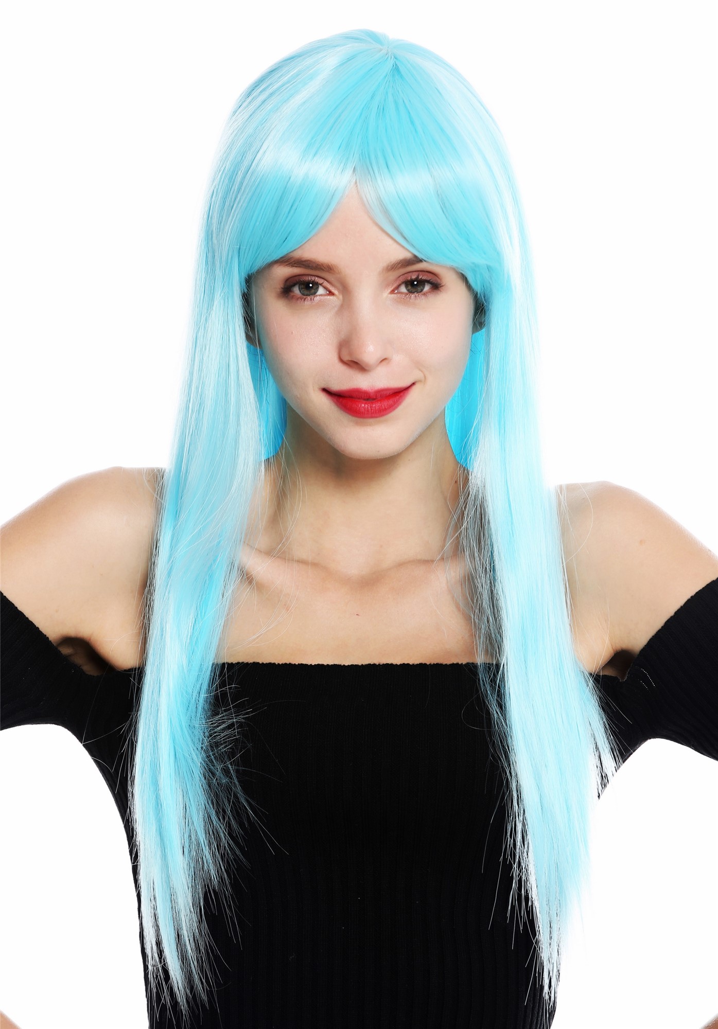 hochwertige Qualitätsperücken, Perücke lang glatt langer Pony gescheitelt Hellblau VK-8-T4516, Vorderansicht, WIG ME UP: Ihr Perücken Online Shop glatte Tressen-Perücke mit Kopfhaut-Imitat Eisblau lange Haare für Damen