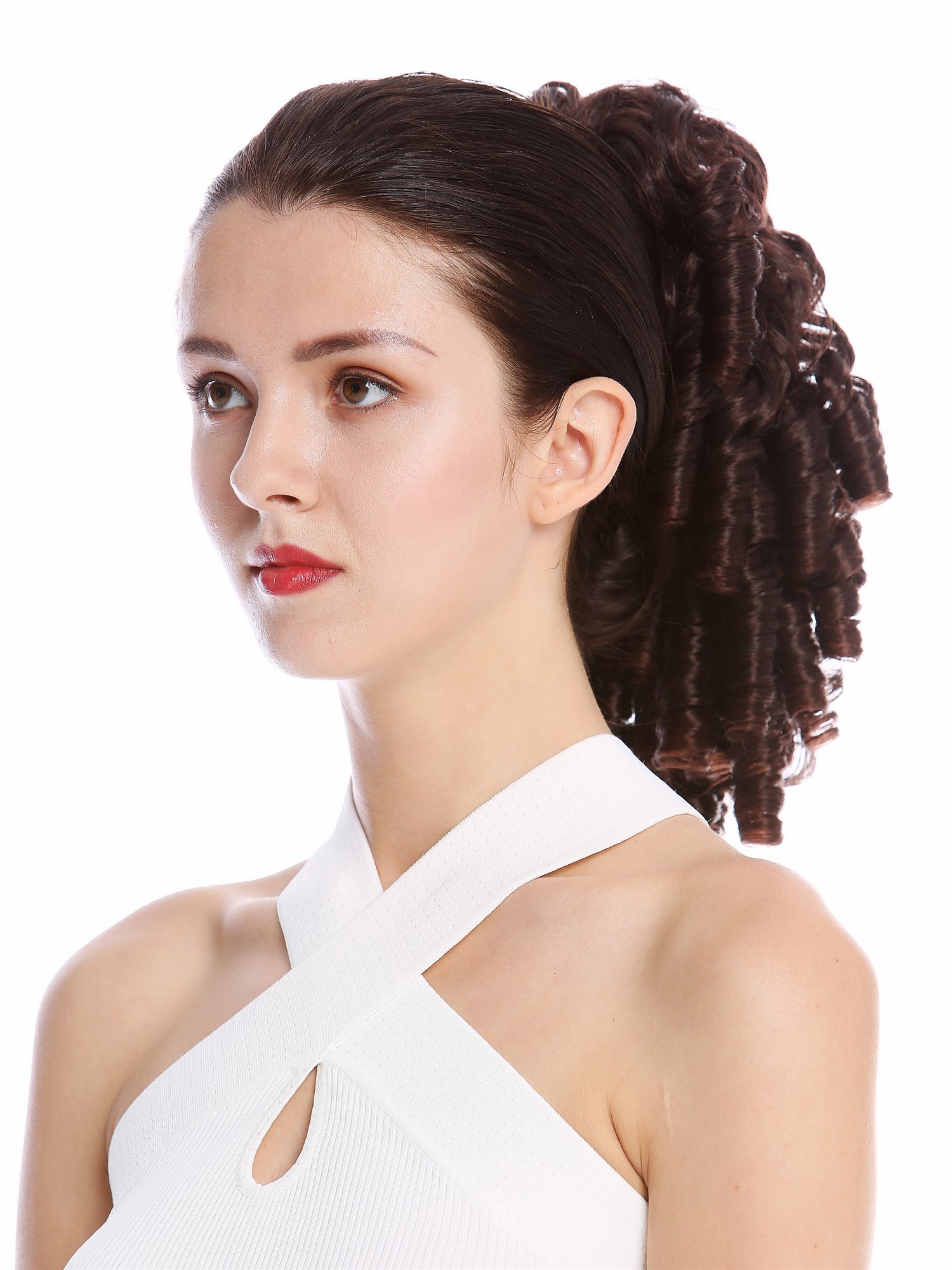 hochwertiger Zopf Pferdeschwanz Korkenzieher-Locken lockig Mahagoni Braun N900A+2-V-2T33, Ansicht 3, WIG ME UP: Ihr Perücken Online Shop glattes Zopf-Haarteil Braun-Mix 30 cm lang