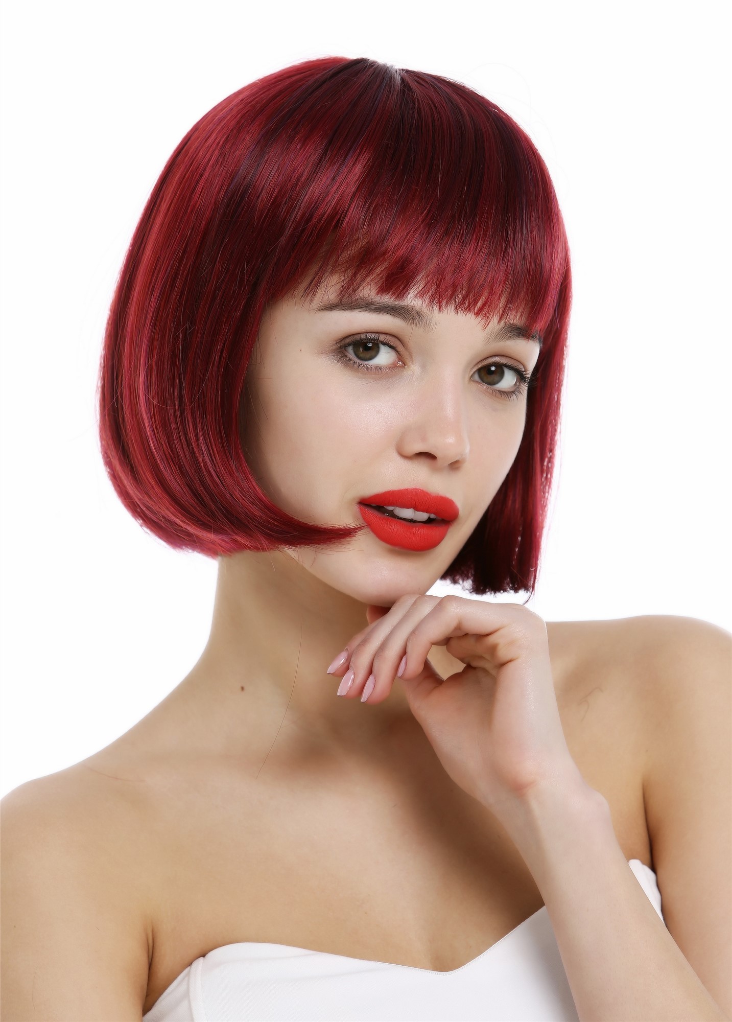 Short Lady Wig classy classic Bob style straight bangs sleek red  VK-4-872, front view, WIG ME UP: Your Perücken Online Shop Quality Wigs, Ladies, red mix, straight, short
