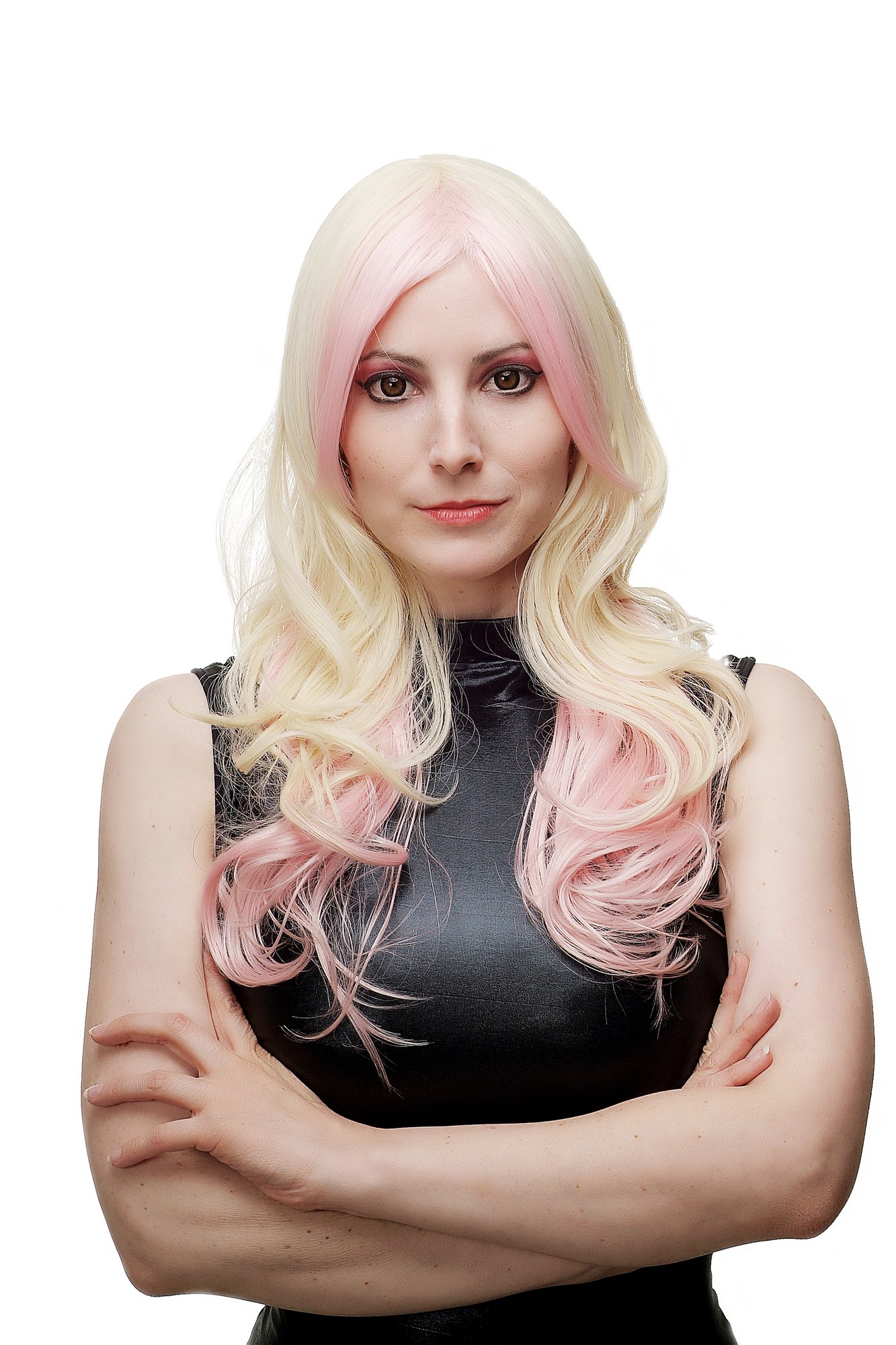 hochwertige Qualitätsperücken, Perücke Cosplay Platinblond Rosa SA054-T2333-613, Vorderansicht, WIG ME UP: Ihr Perücken Online Shop wellige Tressen-Perücke Rosa-Hellblond-Mix lange Haare für Damen