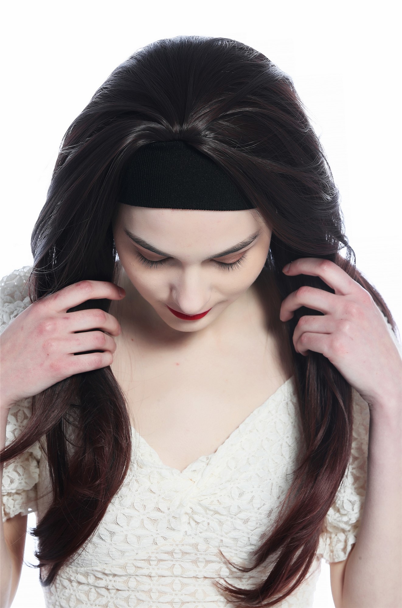 hochwertige Qualitätsperücken, Perücke Halbperücke Stirnband lang glatt Mahagoni Braun Mix H9306-2T33, Ansicht 4, WIG ME UP: Ihr Perücken Online Shop glatte Tressen-Perücke mit Stirnband Schwarzbraun-Rotbraun-Mix lange Haare für Damen