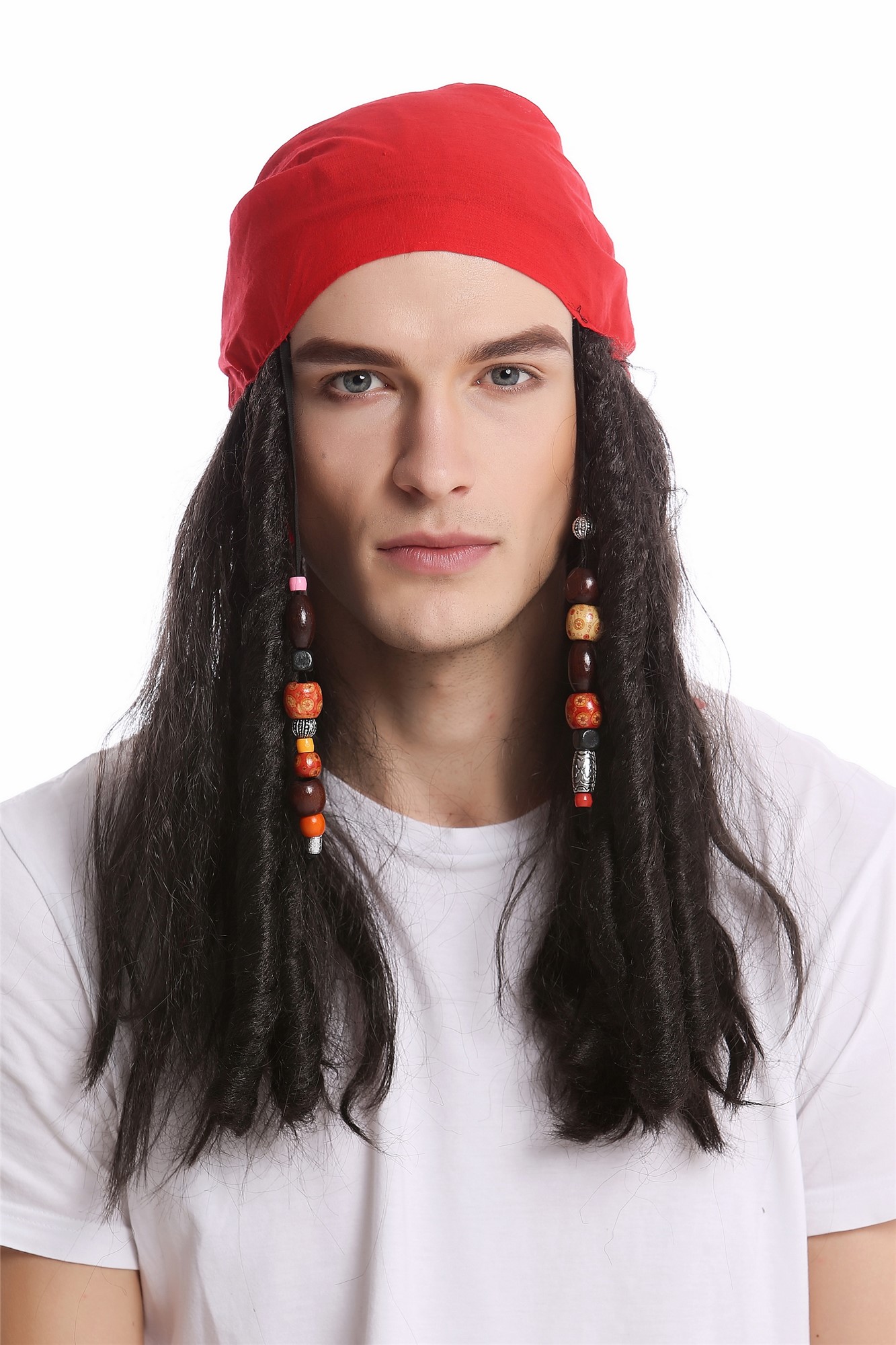 günstige Party Perücke, Perücke Bandana Pirat schwarz Perlen A72325-P1, Vorderansicht, WIG ME UP: Ihr Perücken Online Shop glatte Party Perücke Schwarz schulterlange Haare Unisex