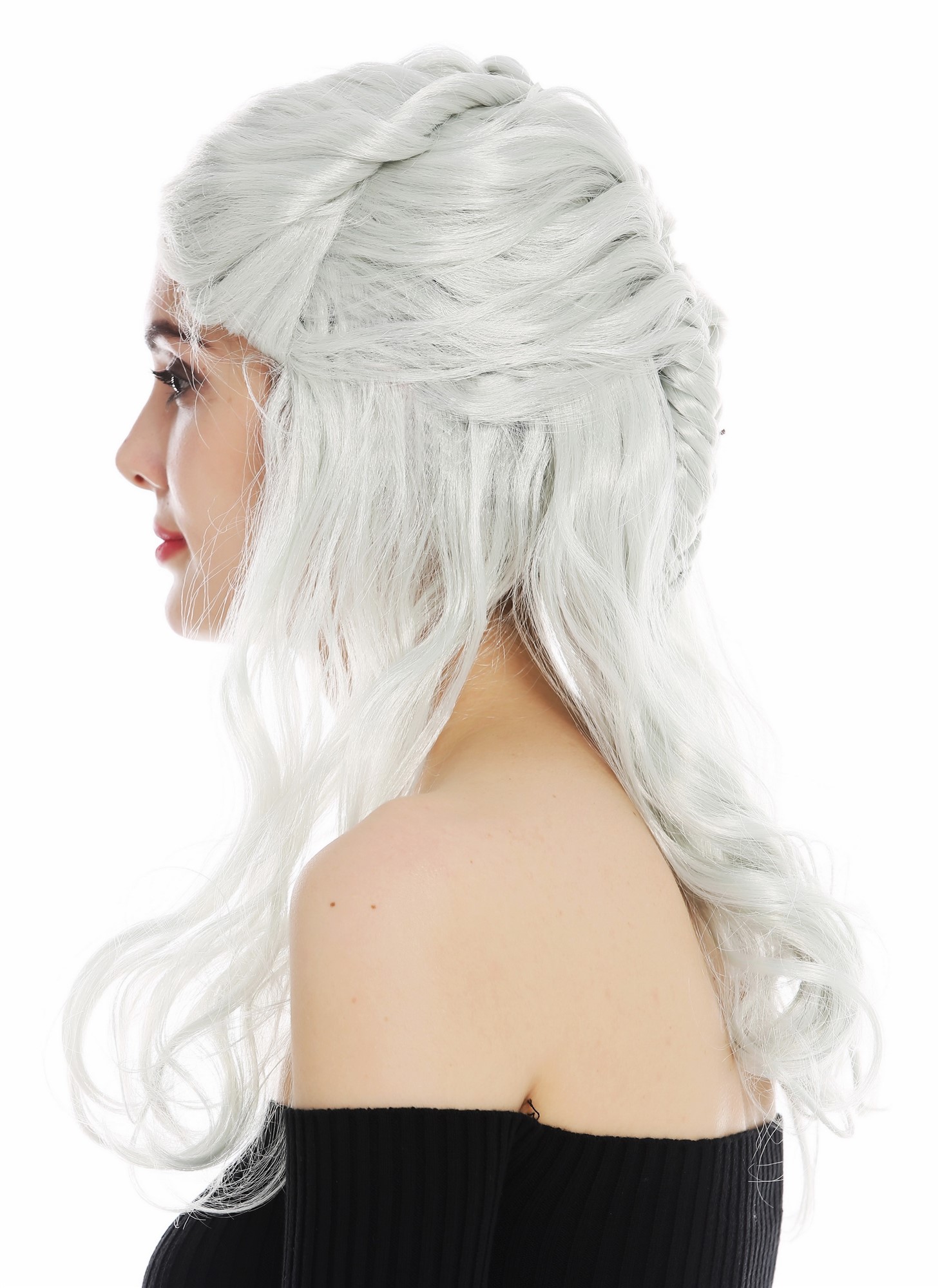 Wig carnival women Halloween long plaited silver white grey fantasy LARP 31955, view 4, WIG ME UP: Your Perücken Online Shop Party Wig, Ladies, white-gray-lime green mix, Braided, shoulder-length