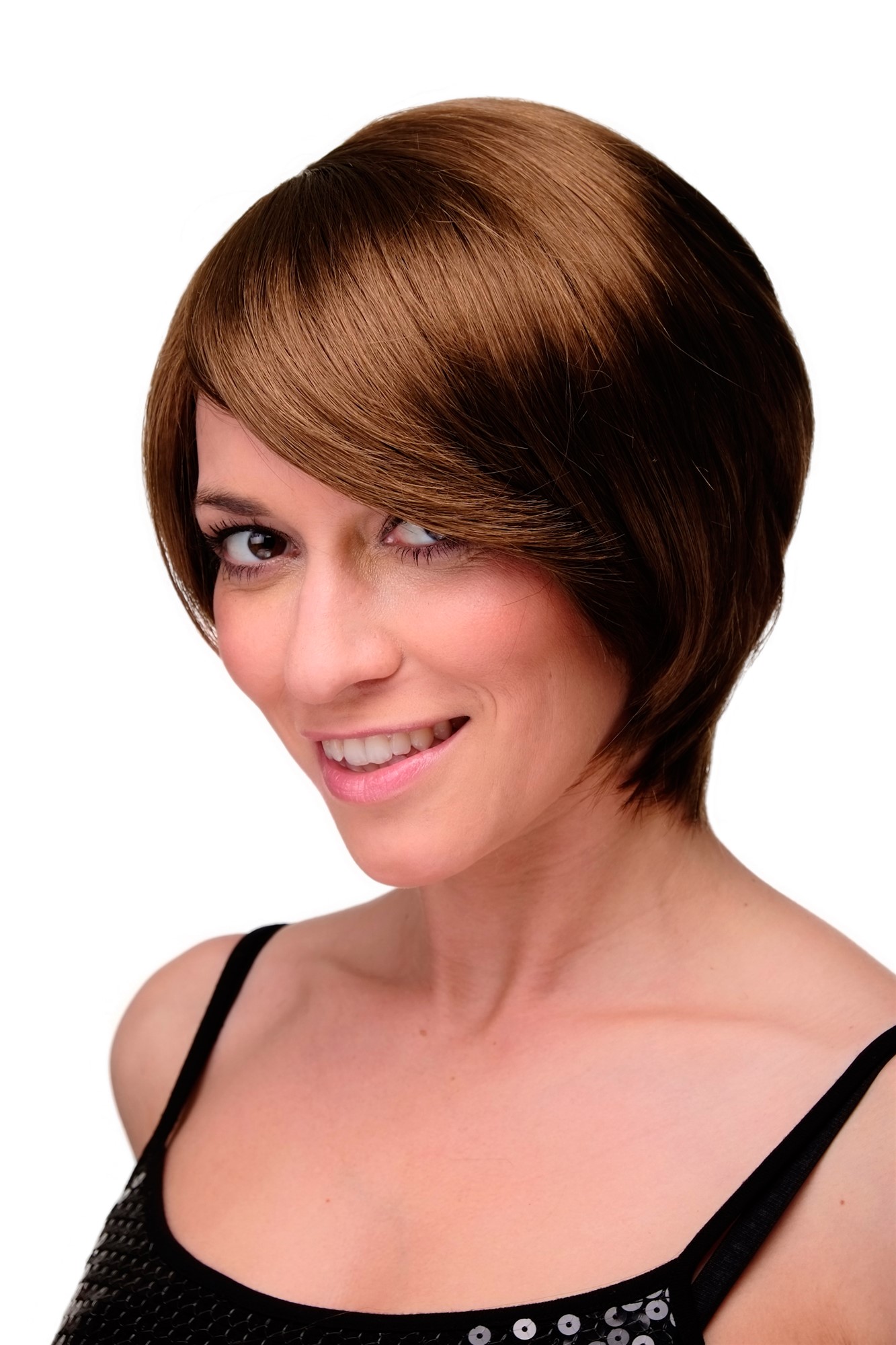 Lady women wig short long bob page long fringe parted to side medium brown 6082, front view, WIG ME UP: Your Perücken Online Shop Quality Wigs, Ladies, medium golden brown, straight, short