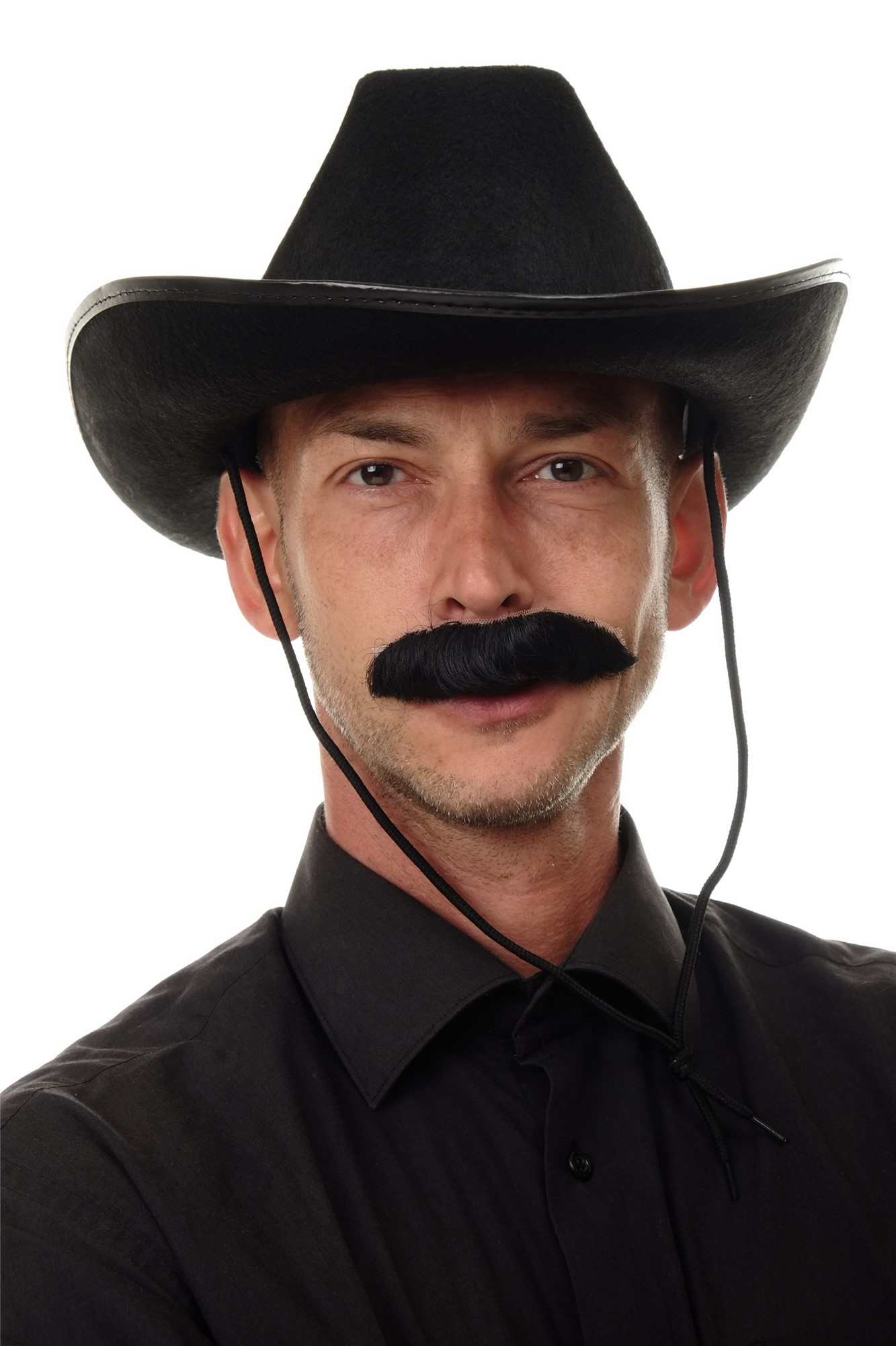 günstige Party Perücke, Bart Echthaar Schnauzbart Schwarz MU12-1B, Ansicht 3, WIG ME UP: Ihr Perücken Online Shop glatte Party Perücke Samtschwarz kurze Haare für Herren