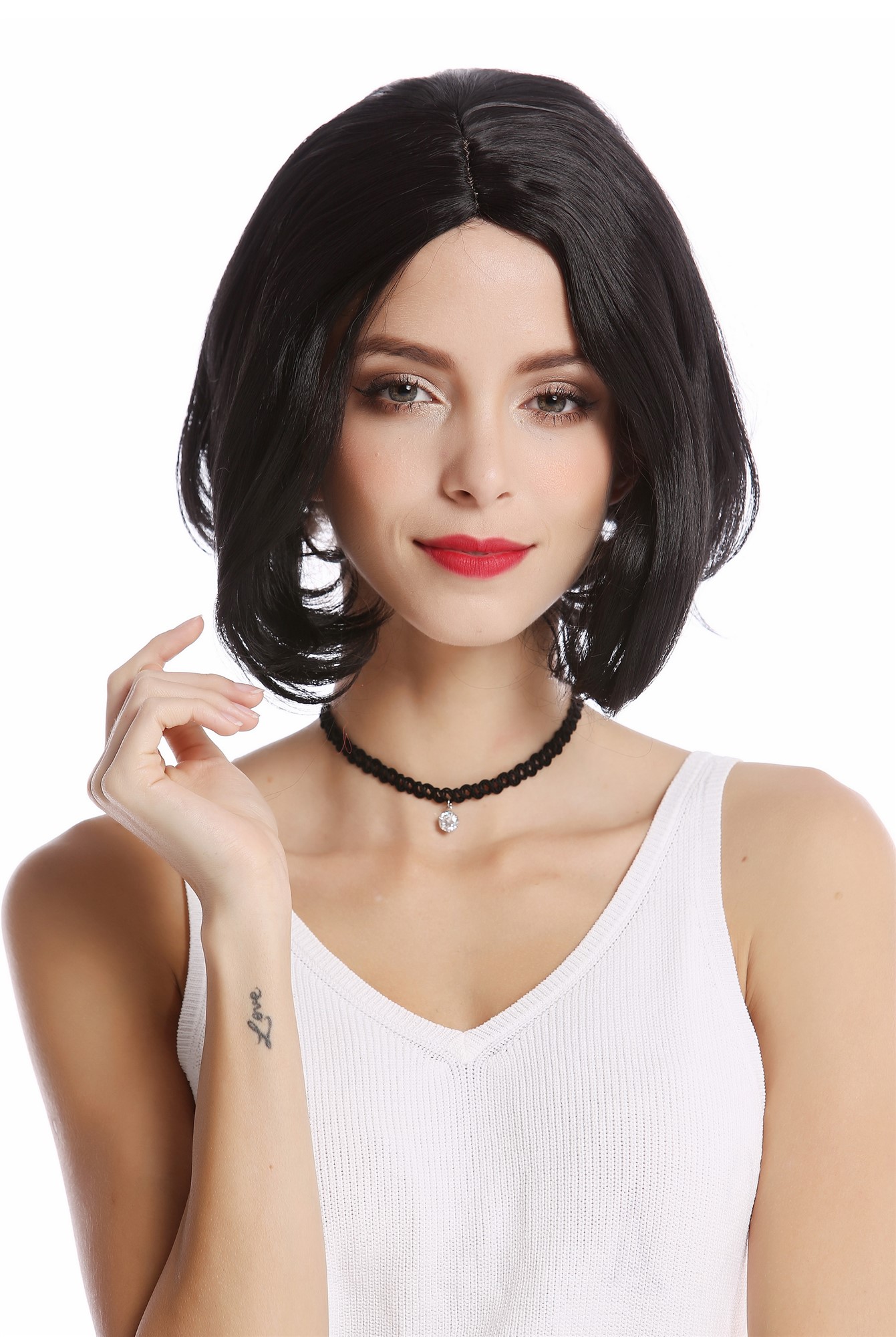 Lady  Wig short shoulder length Bob Longbob straight middle-parting black curved tips, view 2, WIG ME UP: Your Perücken Online Shop Quality Wigs, Ladies, velvet black, straight, short