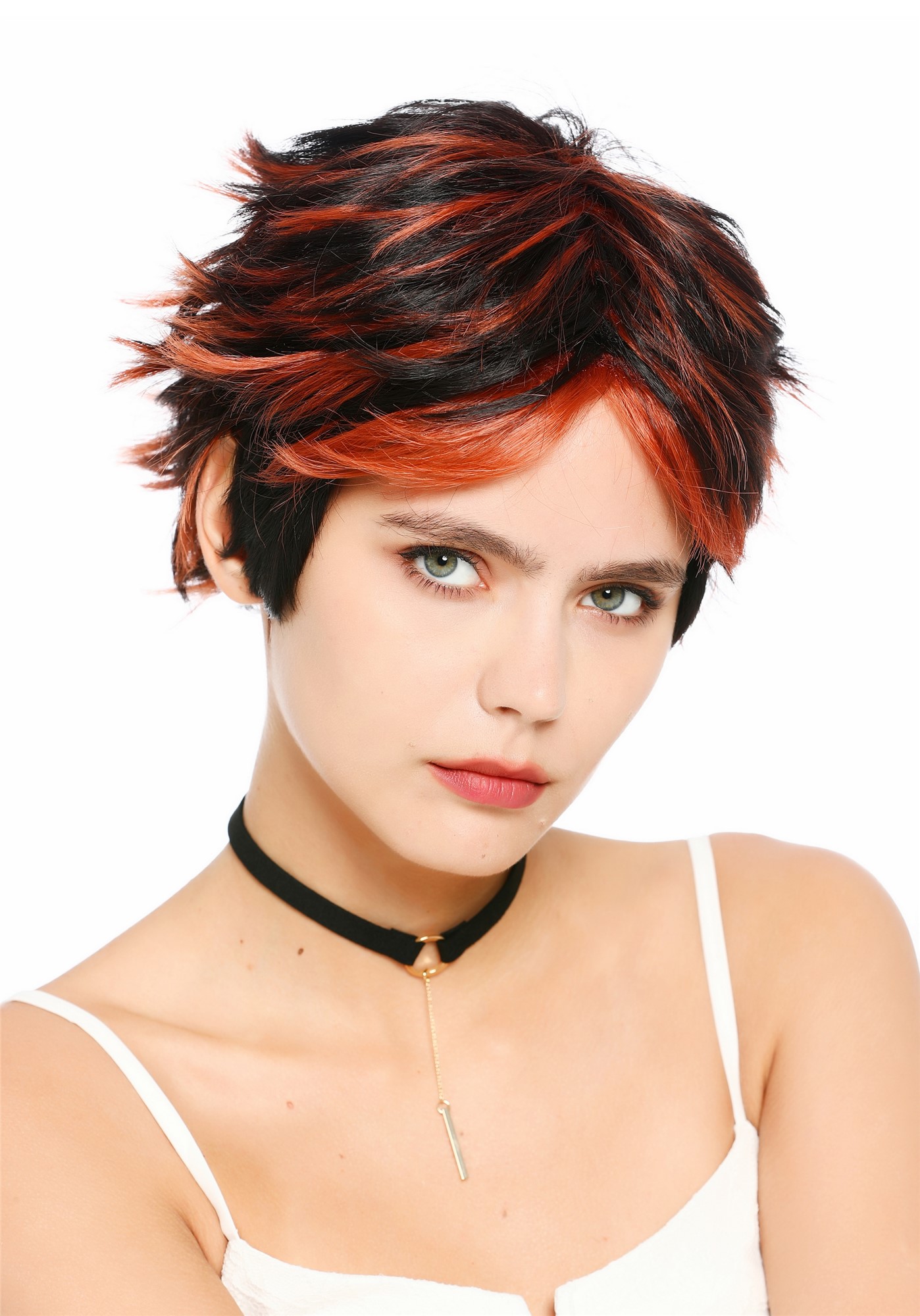 wellige Party-Perücke Schwarz mit rostroten Strähnen 30 cm lange Perücke für Damen