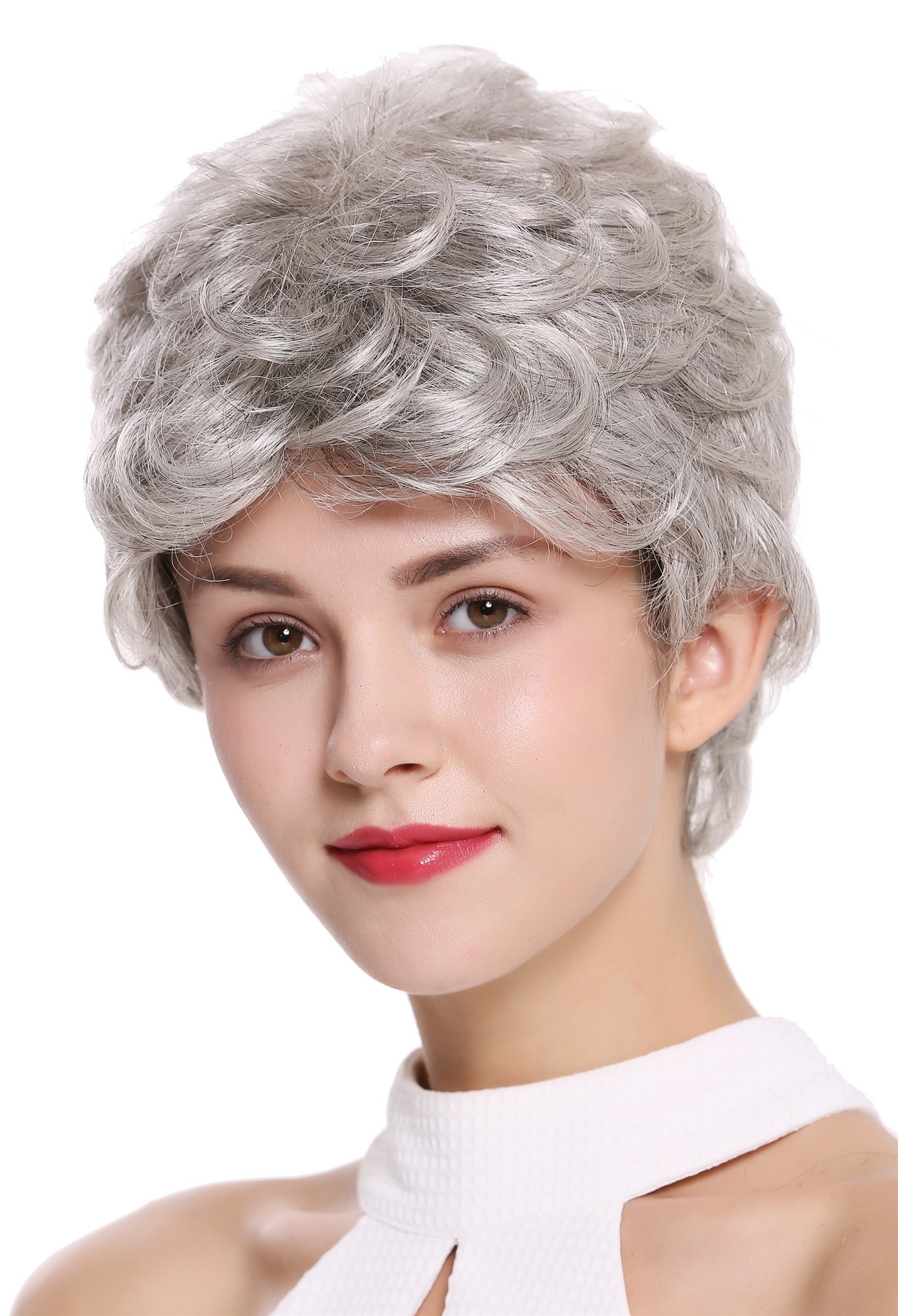 hochwertige Qualitätsperücken, Perücke kurz gewellt helles Grau DW2339-51, Vorderansicht, WIG ME UP: Ihr Perücken Online Shop wellige Tressen-Perücke Silbergrau kurze Haare für Unisex