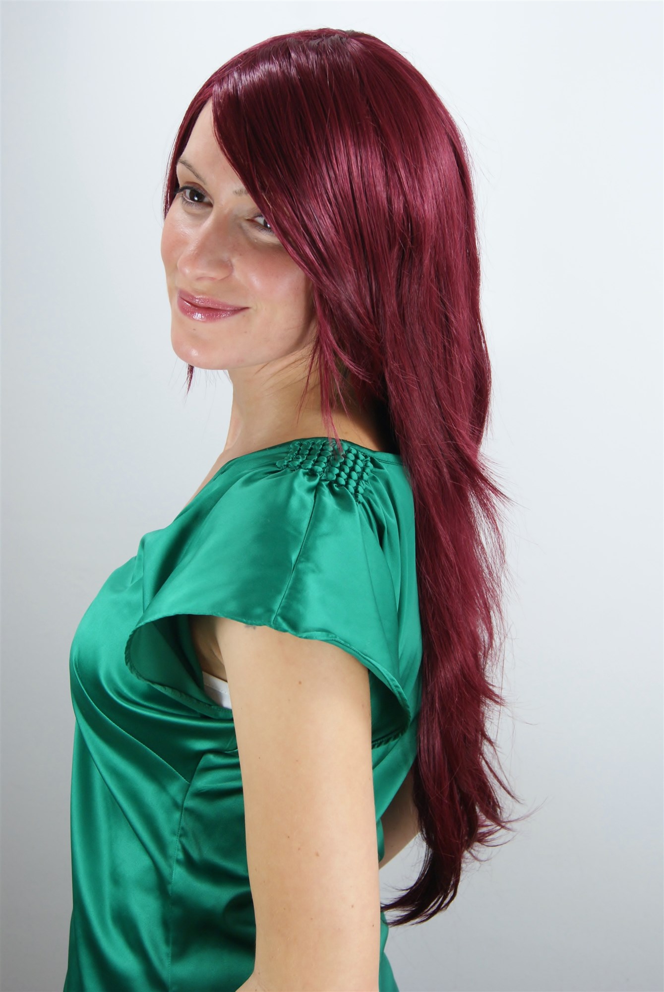 Lady wig medium length long fringe worn to side straight layered garnet red 3110, view 2, WIG ME UP: Your Perücken Online Shop Quality Wigs, Ladies, Red, straight, long