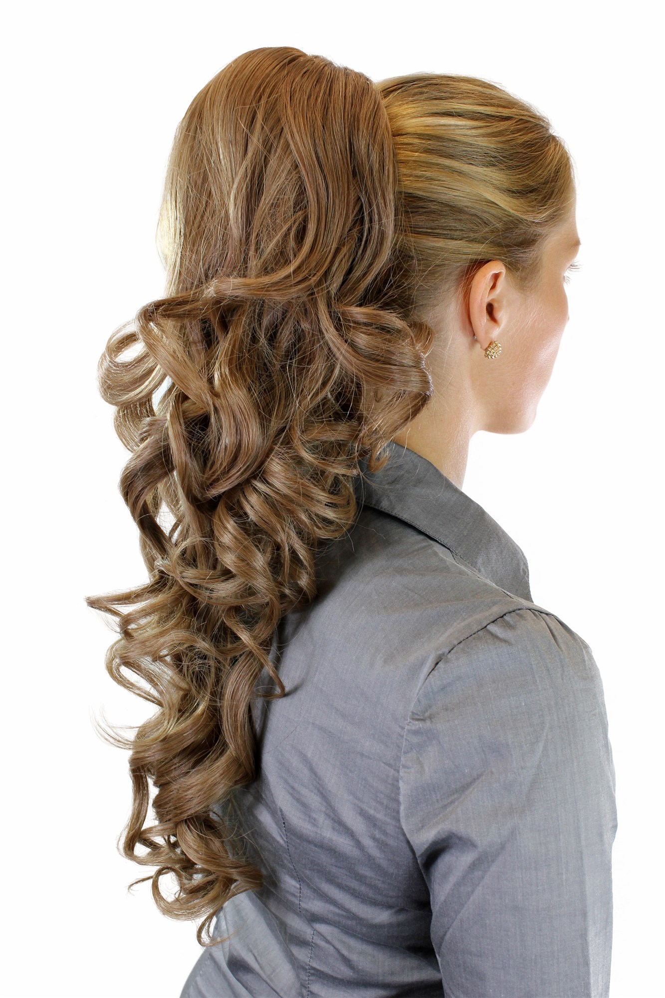 hochwertiges Haarteil Butterfly-Clip + Steckkämme + Gummizug lockig Hellbraun WK08-14, Ansicht 2, WIG ME UP: Ihr Perücken Online Shop lockiges Zopf-Haarteil Hellbraun 60 cm lang