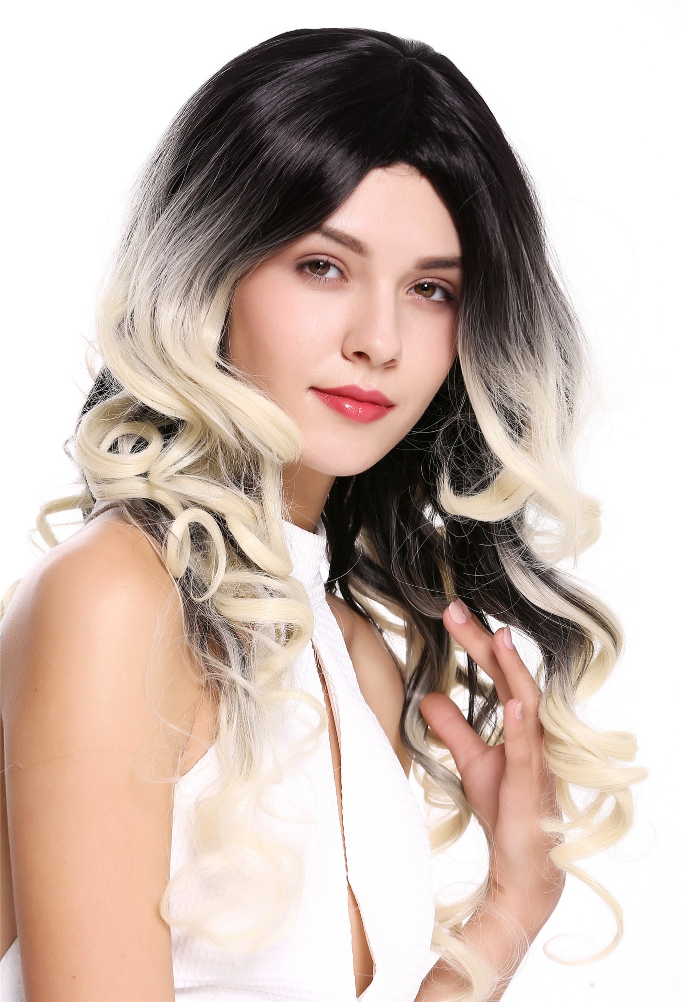 hochwertige Qualitätsperücken, Perücke Lang Locken Ombre Schwarz Platin Blond ZM-1668-613R1B, Ansicht 2, WIG ME UP: Ihr Perücken Online Shop lockige Tressen-Perücke mit Kopfhaut-Imitat Schwarz-Platinblond-Mix lange Haare für Damen