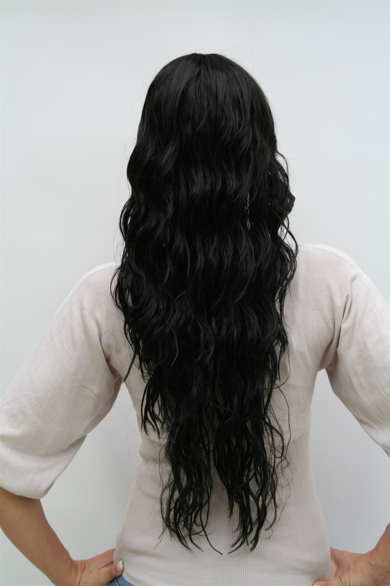 hochwertige Qualitätsperücken, Perücke schwarz langhaarig Scheitel 9333-2, Ansicht 3, WIG ME UP: Ihr Perücken Online Shop wellige Tressen-Perücke mit Kopfhaut-Imitat Schwarzbraun sehr lange Haare für Damen
