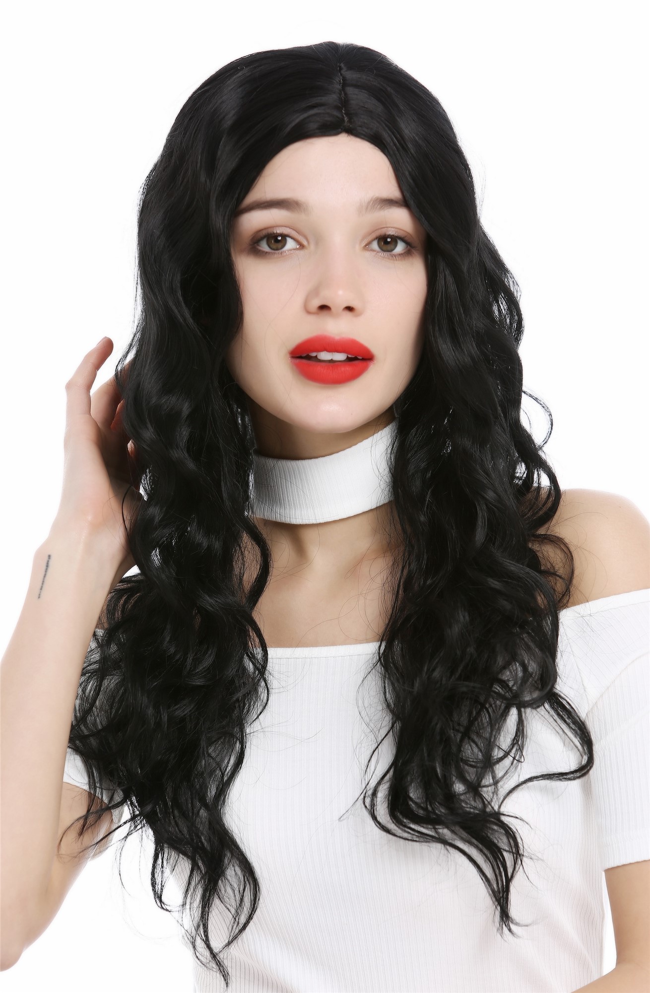 Lady women wig long wavy waved slightly curled middle parting black YZF-4072, front view, WIG ME UP: Your Perücken Online Shop Quality Wigs, Ladies, velvet black, wavy, long