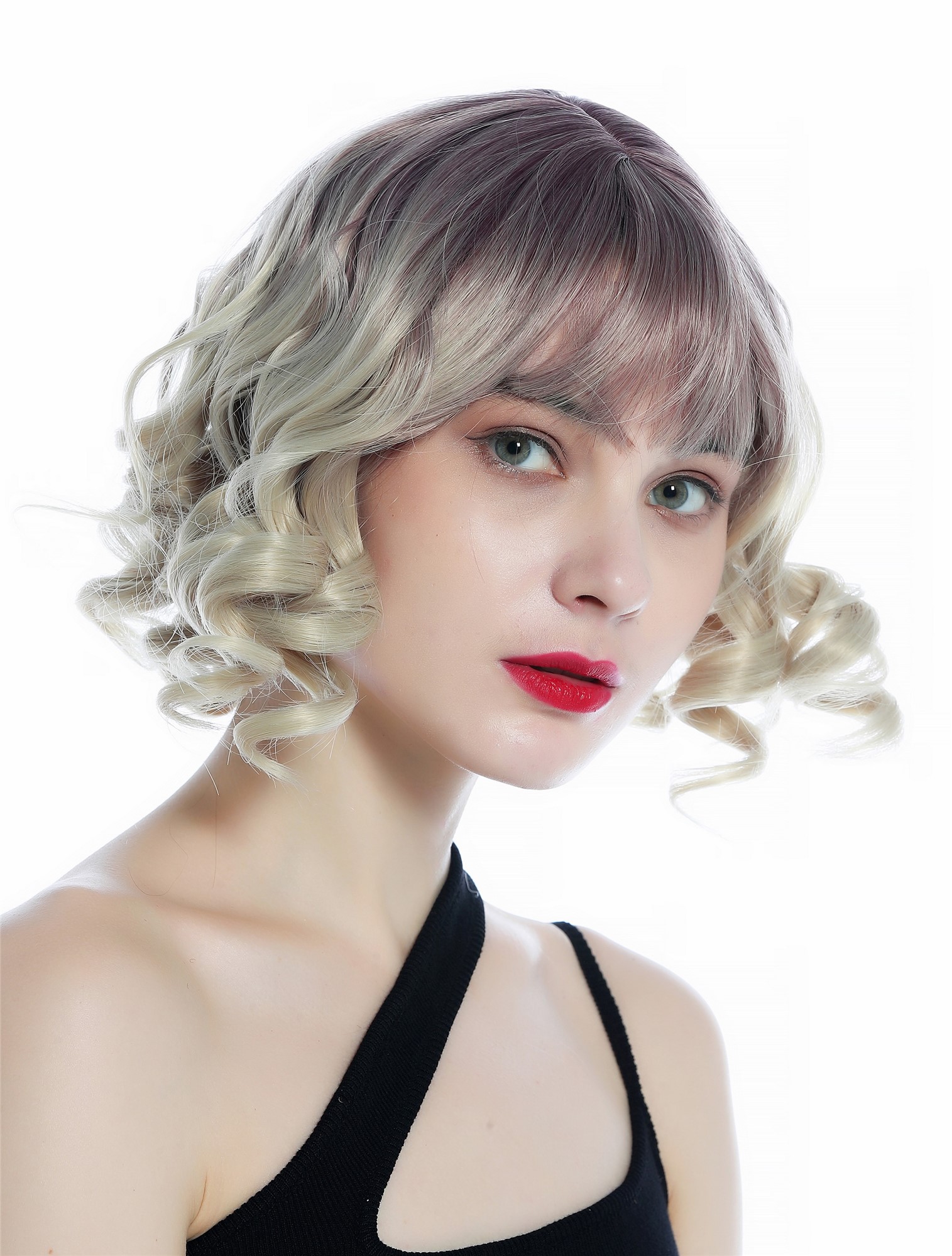 hochwertige Qualitätsperücken, Perücke kurz Pony Korkenzieher-Locken Ombre Dunkel-Violett Hellblond SZL0832-T-003, Vorderansicht, WIG ME UP: Ihr Perücken Online Shop lockige Tressen-Perücke mit Kopfhaut-Imitat Grauviolett-Matthellblond-Verlauf kurze Haare für Damen