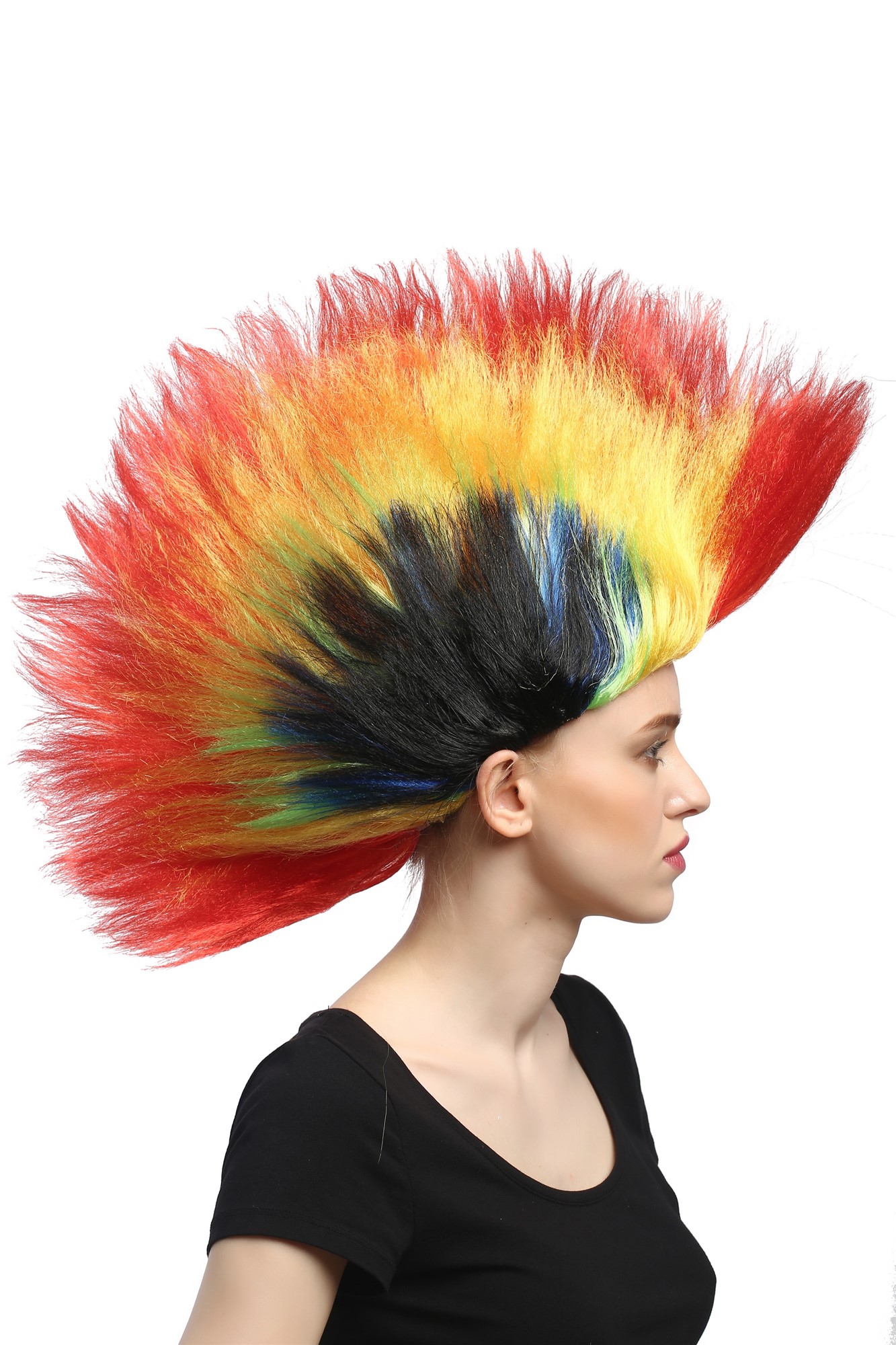DH1159 Wig Ladies Men Halloween Carnival Fan colourful mohawk punk spikey, front view, WIG ME UP: Your Perücken Online Shop Party Wig, Unisex, red-yellow-green-blue-black, straight, long