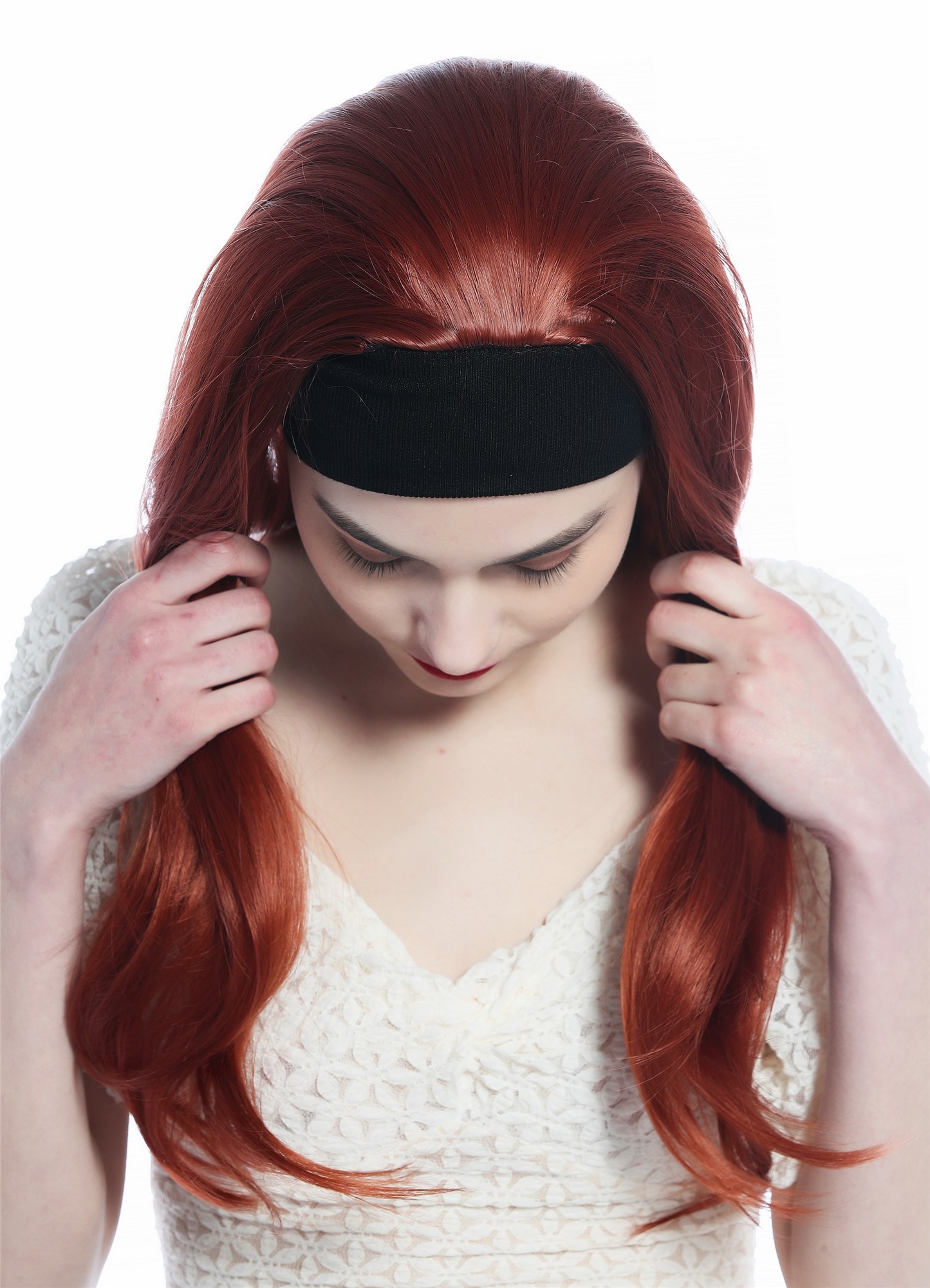 hochwertige Qualitätsperücken, Perücke Halbperücke Stirnband lang glatt dunkles Rot Kupferrot H9306-350, Ansicht 5, WIG ME UP: Ihr Perücken Online Shop glatte Tressen-Perücke mit Stirnband Kupferrot lange Haare für Damen
