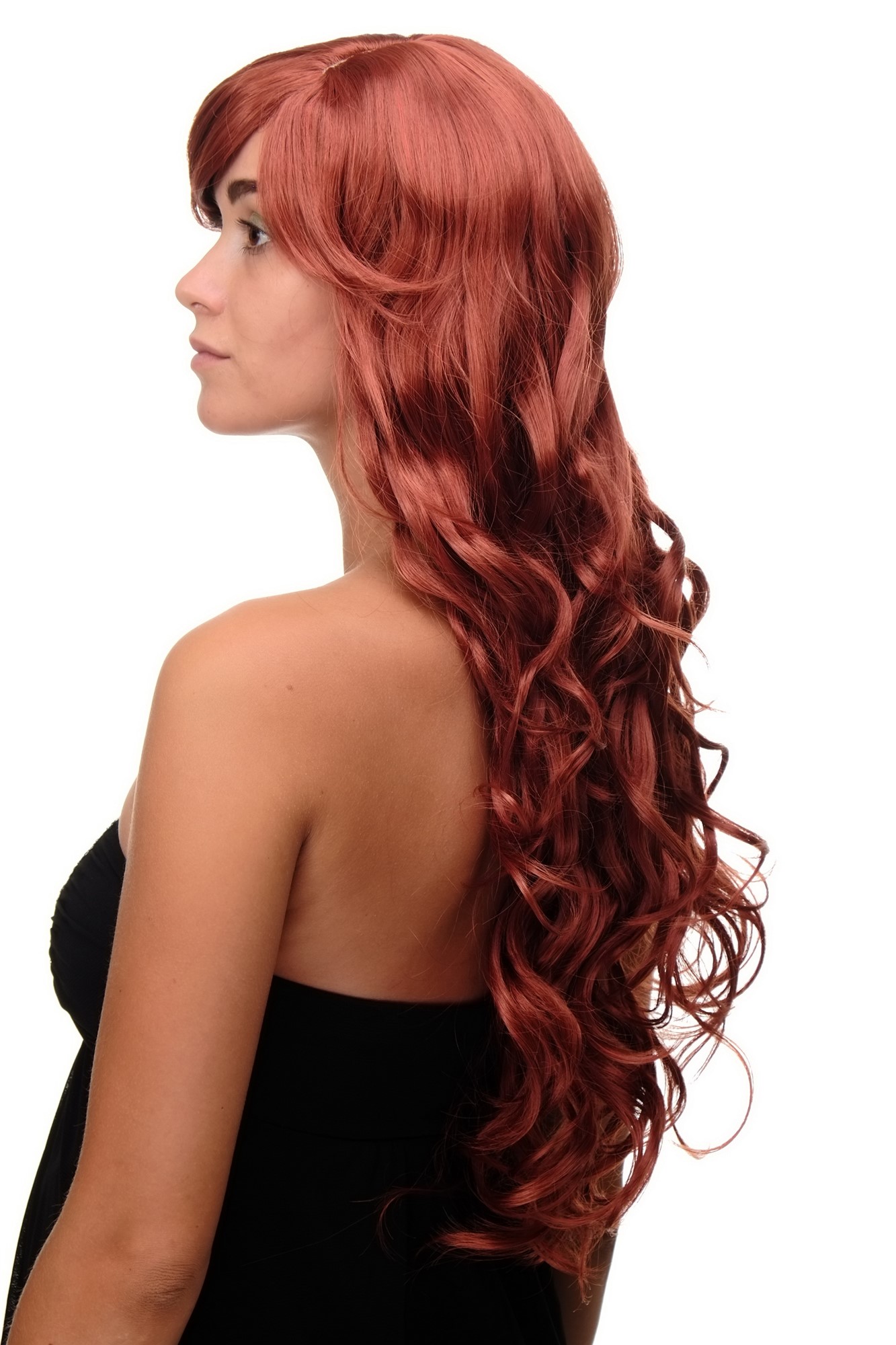 Stunning Lady  Wig very long wavy long fringe (for side parting) dark red darkred 27,5 inch, view 2, WIG ME UP: Your Perücken Online Shop Quality Wigs, Ladies, dark copper red, curled, long